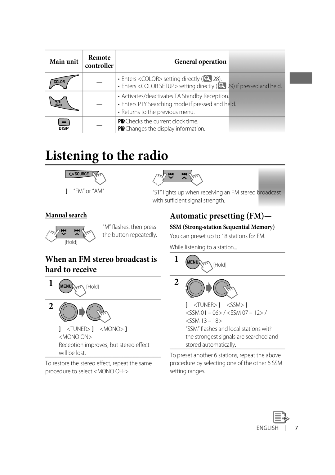 JVC KD-R618, KD-R610, KD-A615 manual When an FM stereo broadcast is hard to receive, Tuner Mono Mono on 