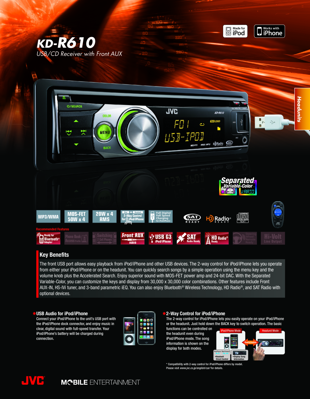 JVC KD-R610 manual USB/CD Receiver with Front AUX, Variable-Color, USB Audio for iPod/iPhone, Way Control for iPod/iPhone 