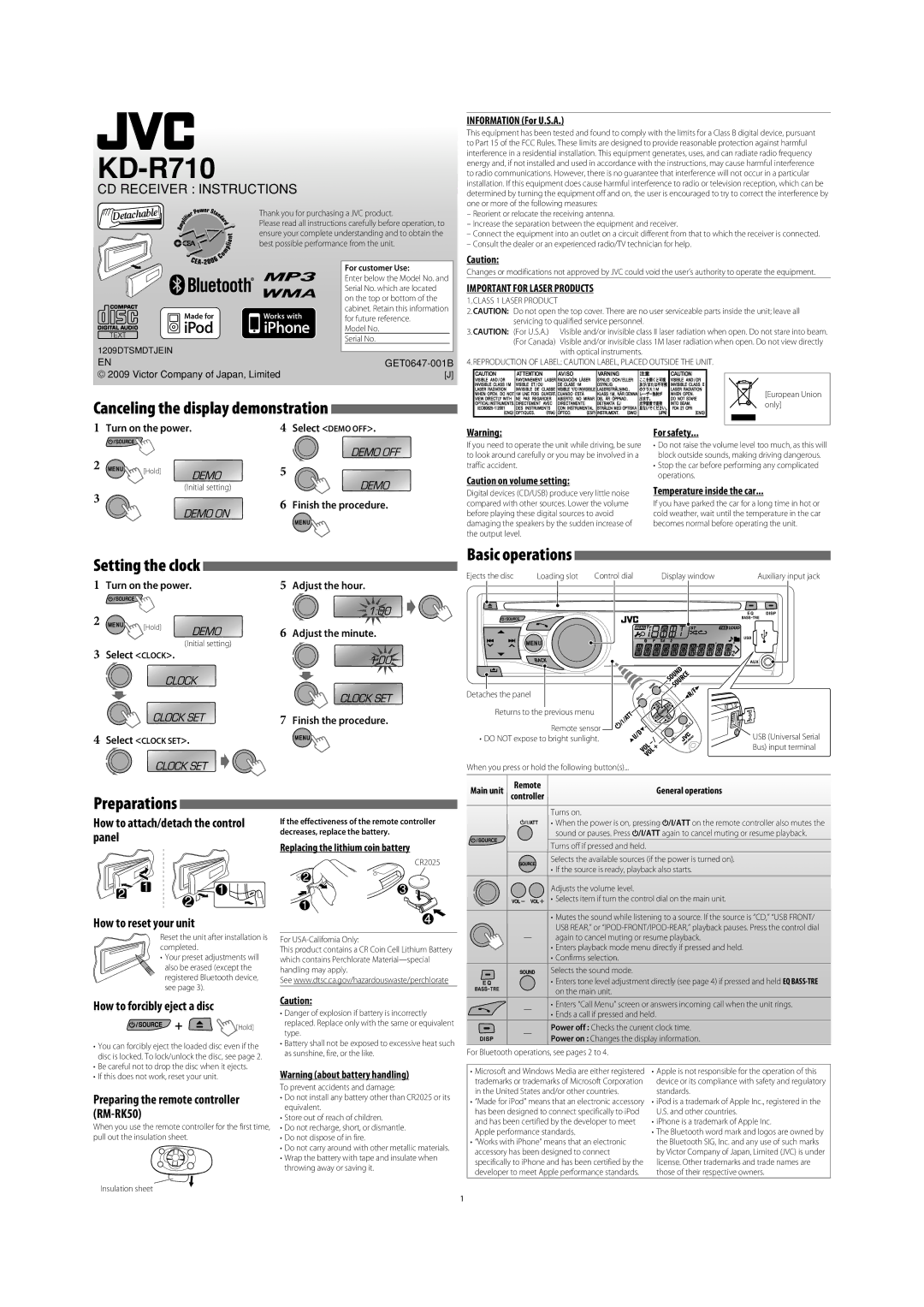 JVC KD-R710 user service Setting the clock Basic operations, Preparations, Canceling the display demonstration 