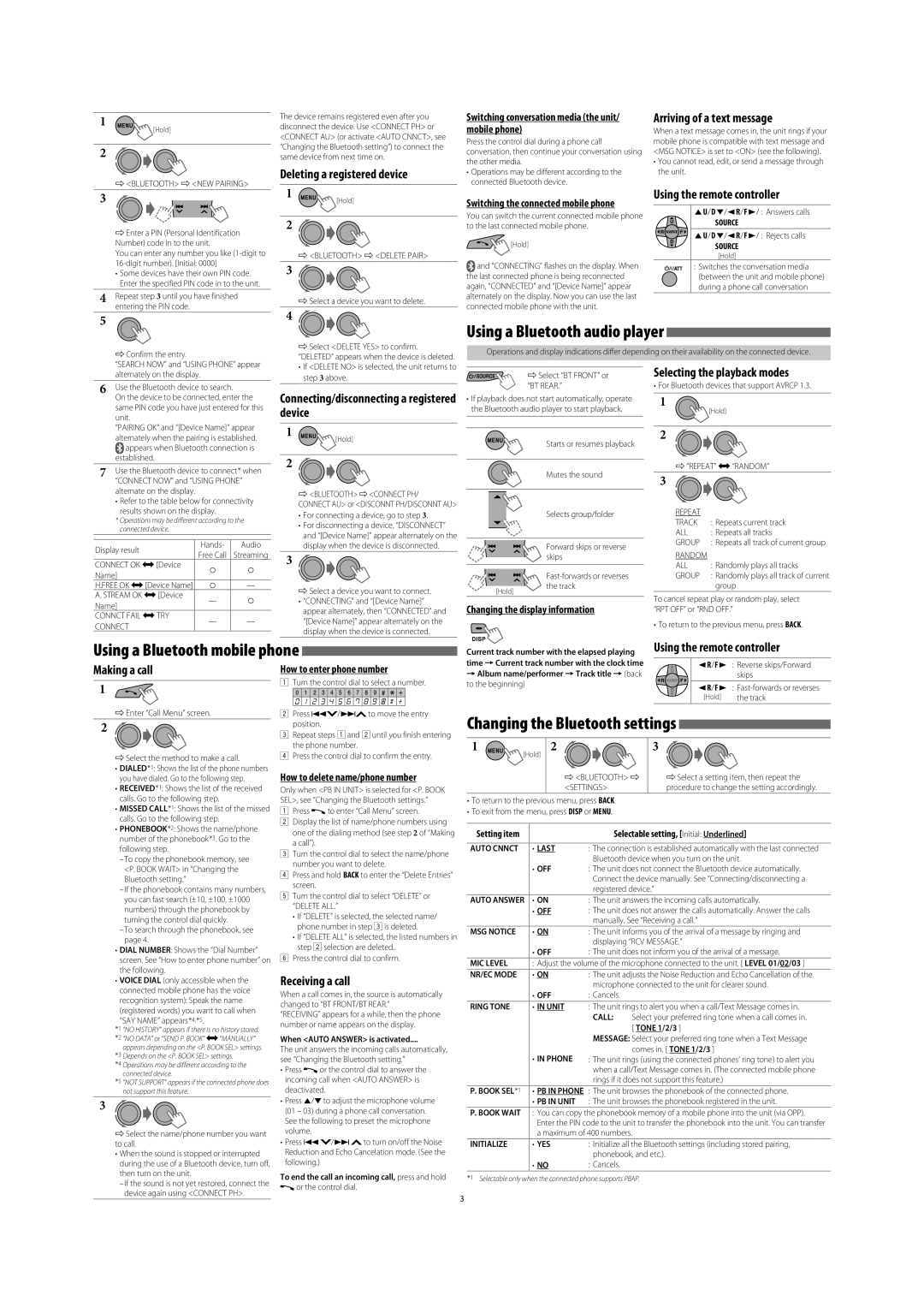 JVC KD-R710 user service Using a Bluetooth audio player, Changing the Bluetooth settings, Using a Bluetooth mobile phone 