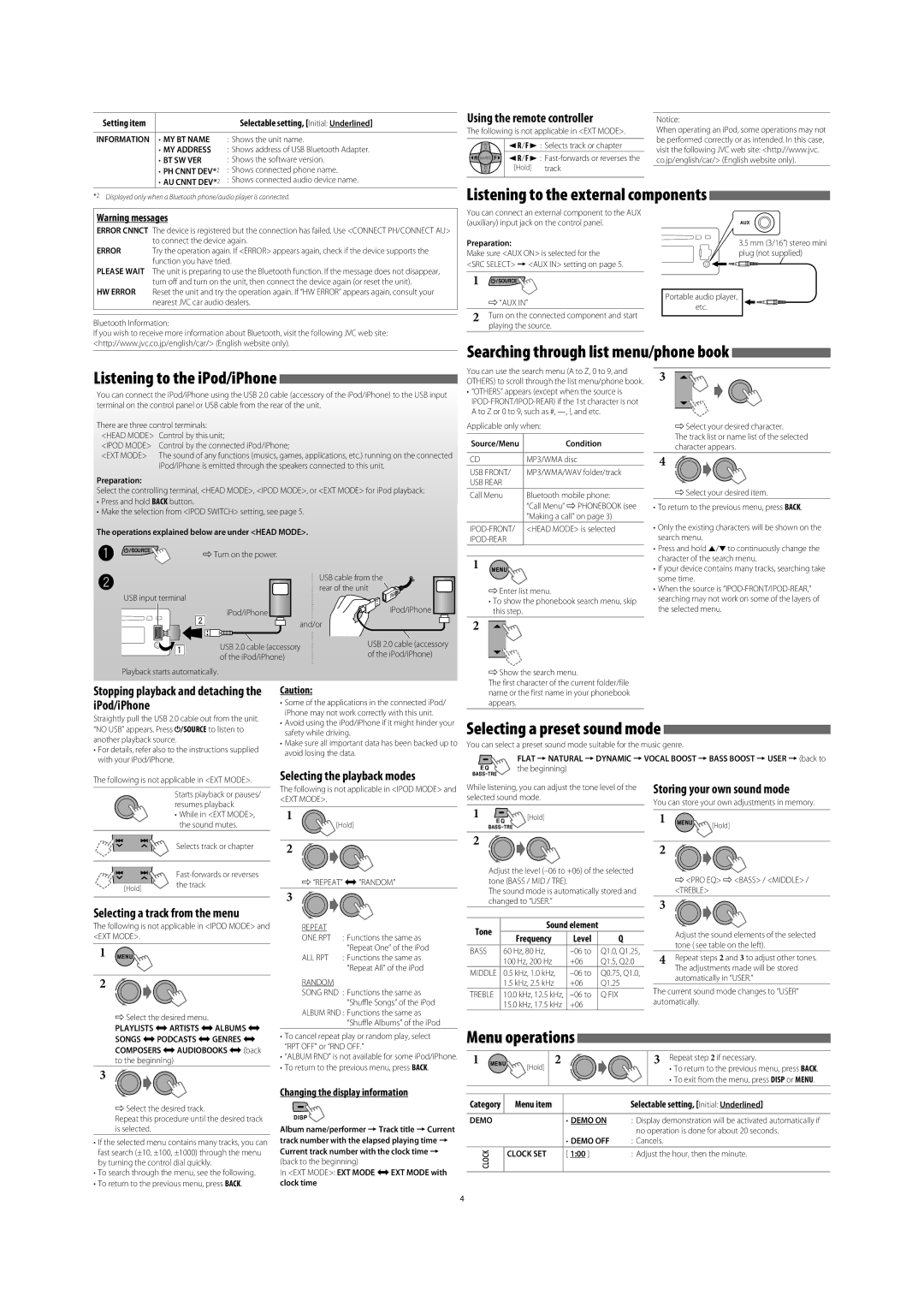 JVC KD-R710 user service Searching through list menu/phone book, Menu operations, Listening to the external components 