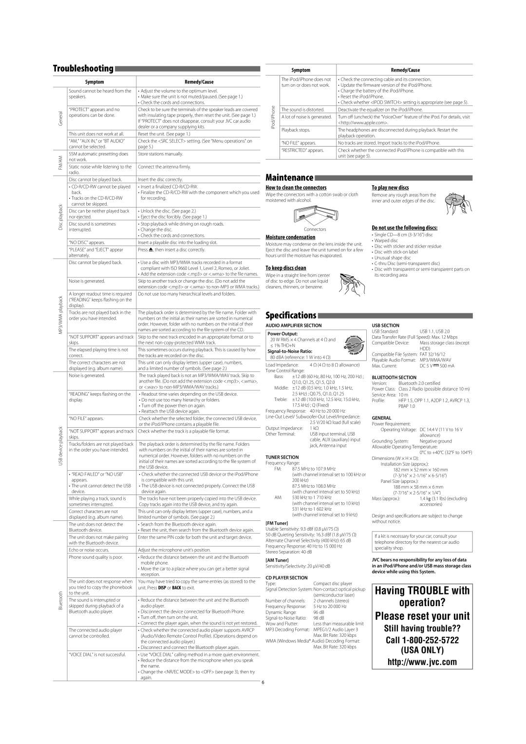 JVC KD-R710 user service Maintenance, Specifications, Troubleshooting 