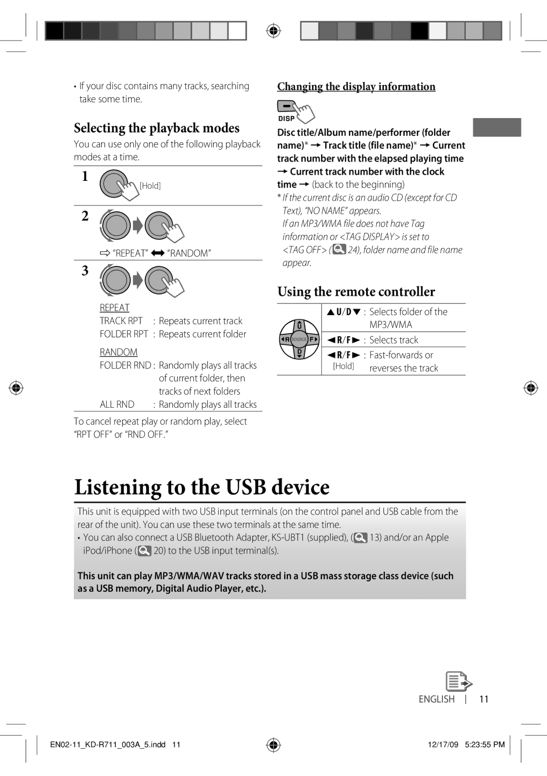 JVC KD-R711 manual Listening to the USB device, Selecting the playback modes 