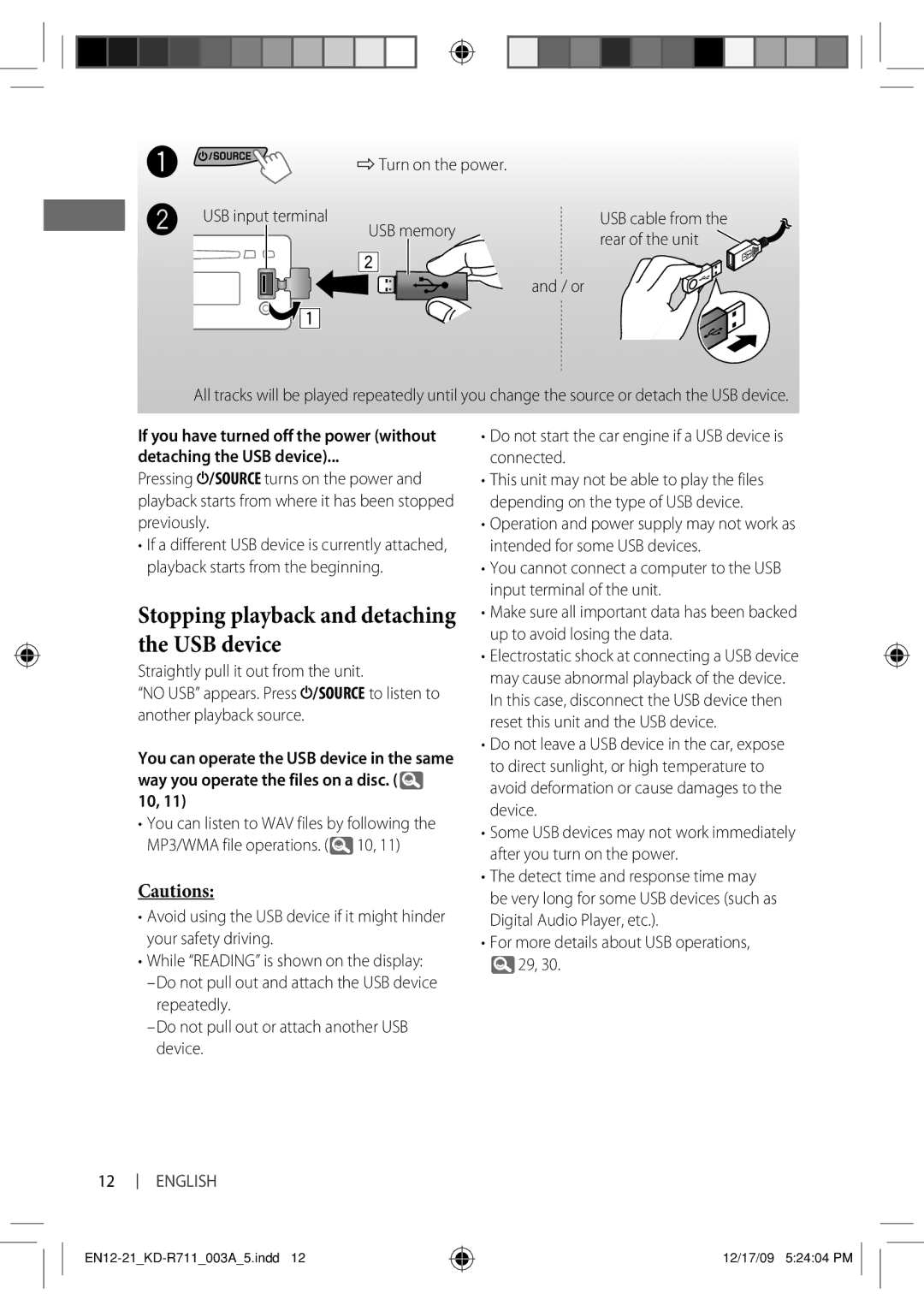 JVC KD-R711 manual Stopping playback and detaching the USB device, Detaching the USB device 