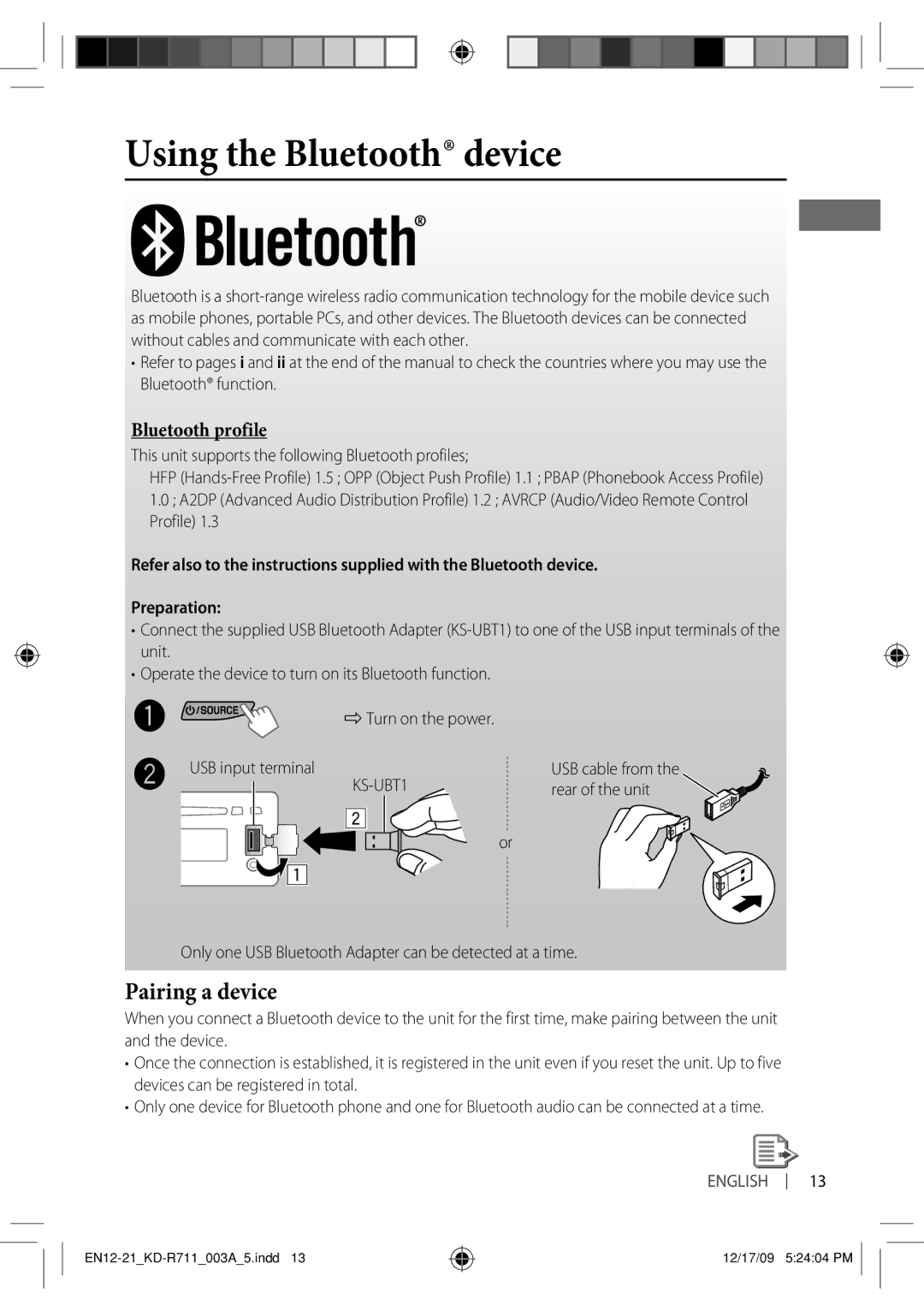 JVC KD-R711 manual Using the Bluetooth device, Pairing a device, Bluetooth profile, KS-UBT1 