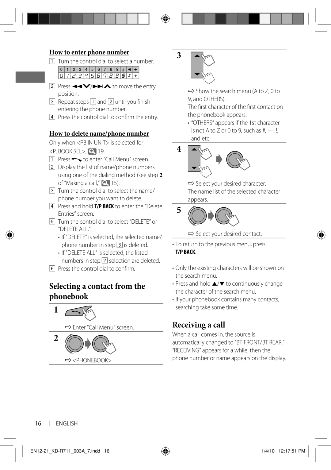 JVC KD-R711 manual Selecting a contact from the phonebook, Receiving a call, How to enter phone number, Phonebook 