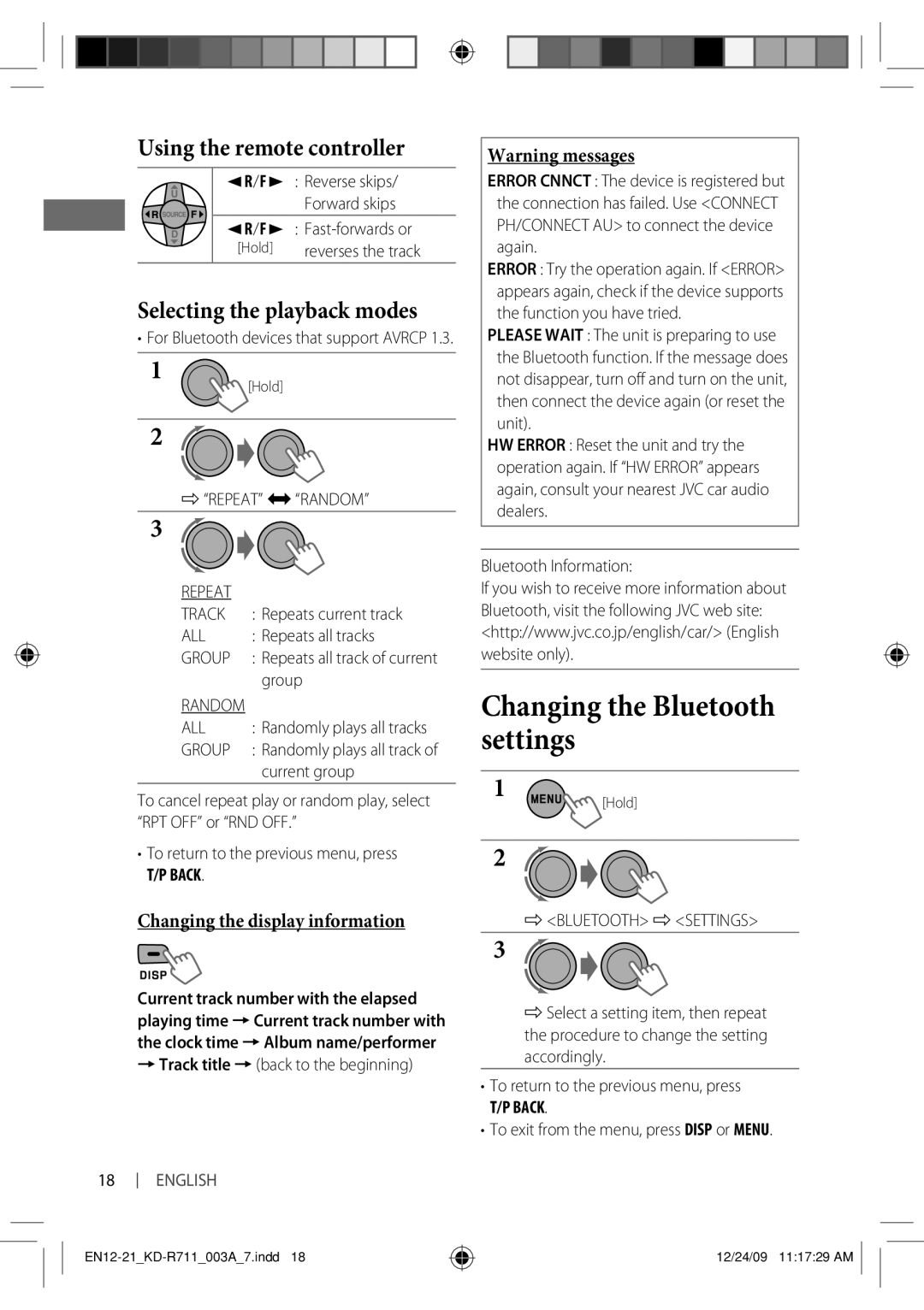 JVC KD-R711 manual Repeat Track, All, Group, Bluetooth Settings 
