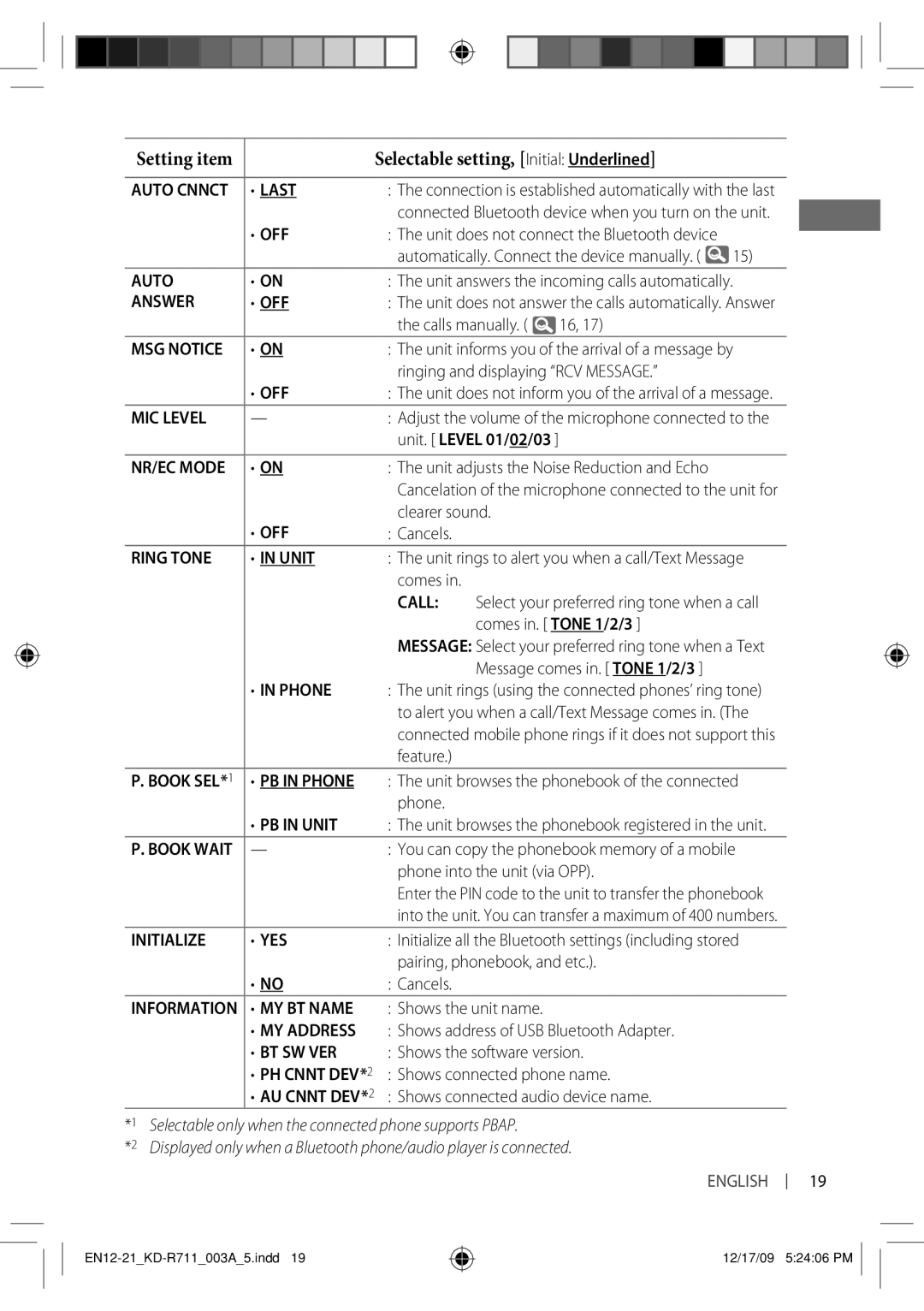 JVC KD-R711 manual Selectable setting, Initial Underlined 