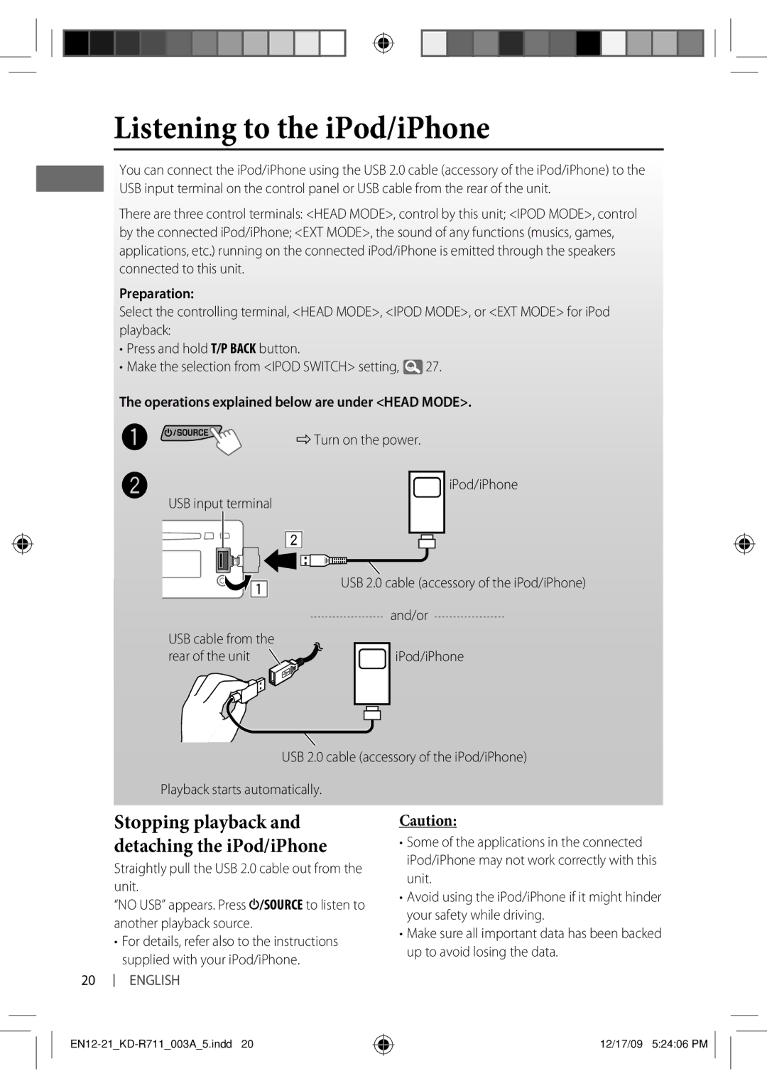 JVC KD-R711 manual Listening to the iPod/iPhone, Operations explained below are under Head Mode 