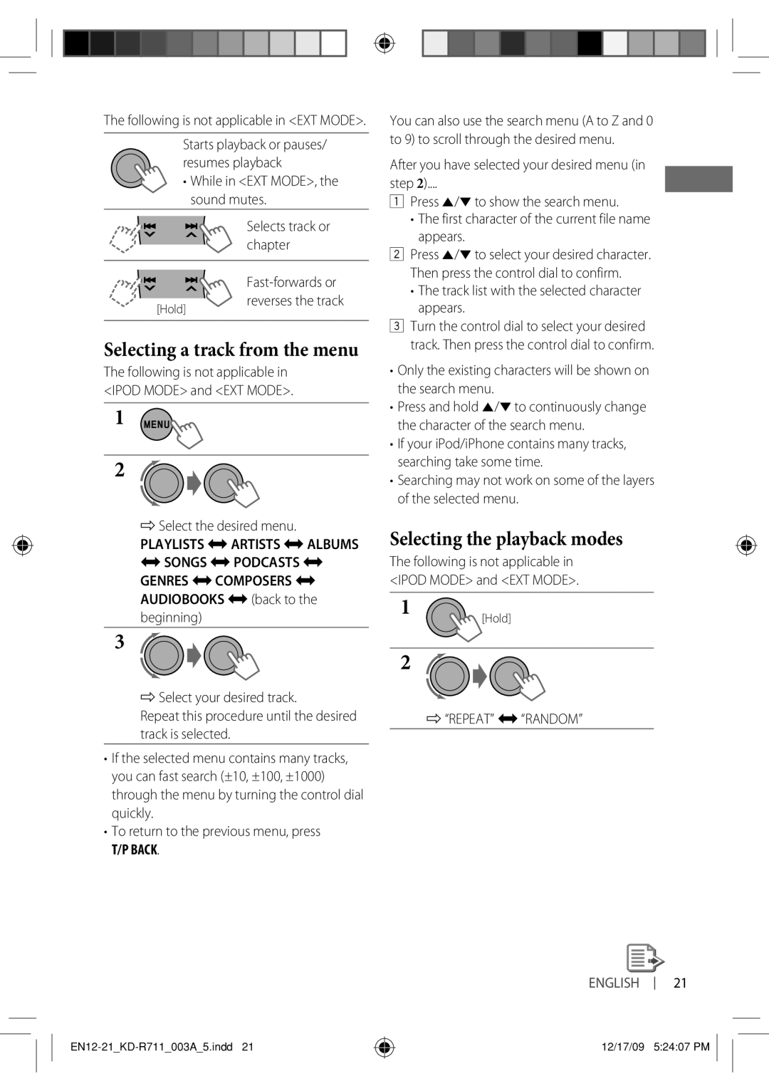 JVC KD-R711 manual Selecting a track from the menu, Songs j Podcasts j, Genres j Composers j, Beginning 