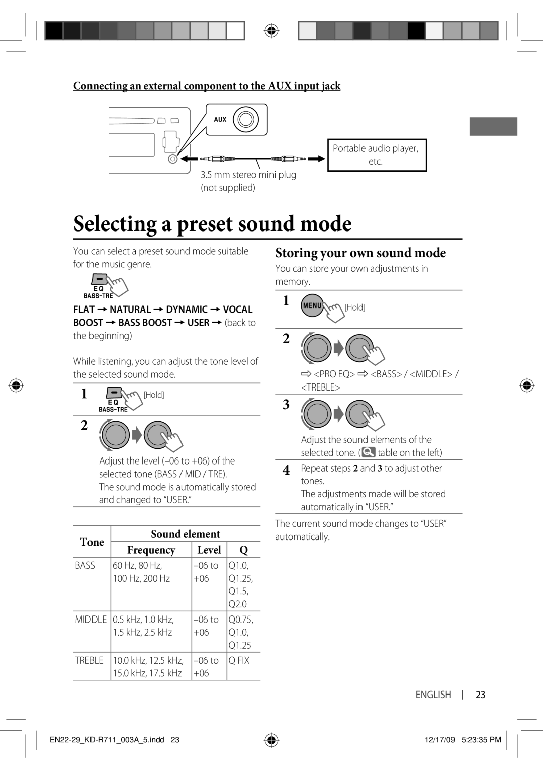 JVC KD-R711 manual Selecting a preset sound mode, Storing your own sound mode, Tone, Frequency Level 