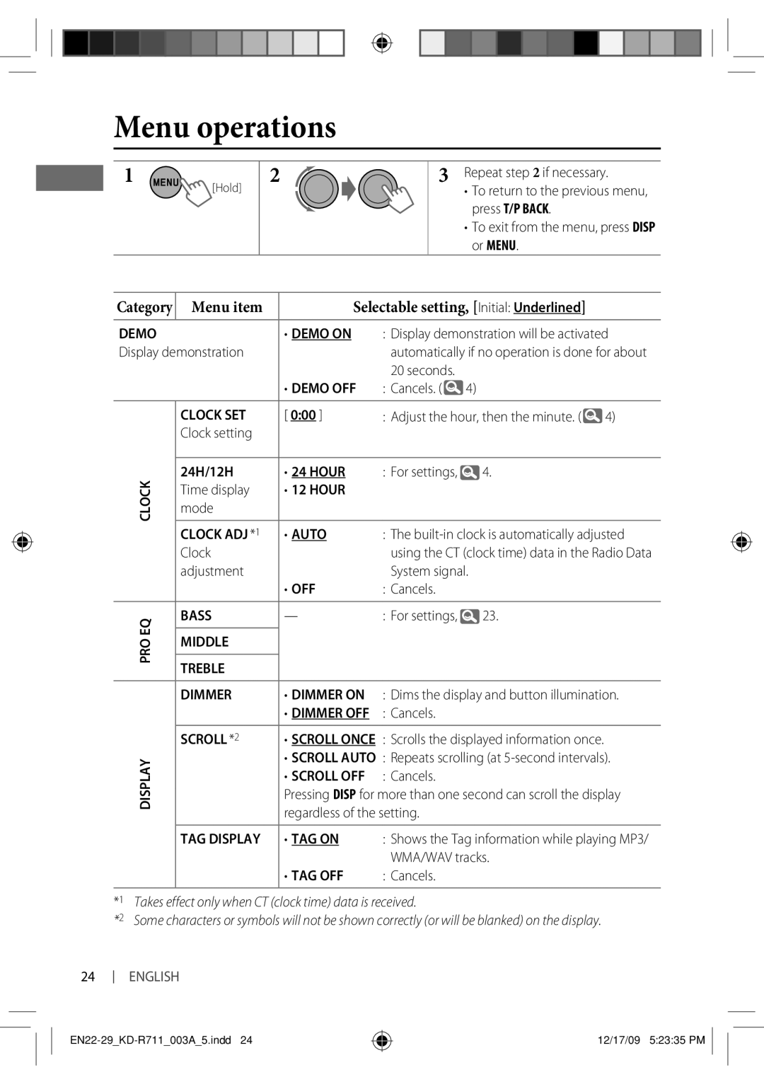 JVC KD-R711 manual Menu operations, Menu item Selectable setting, Initial Underlined 