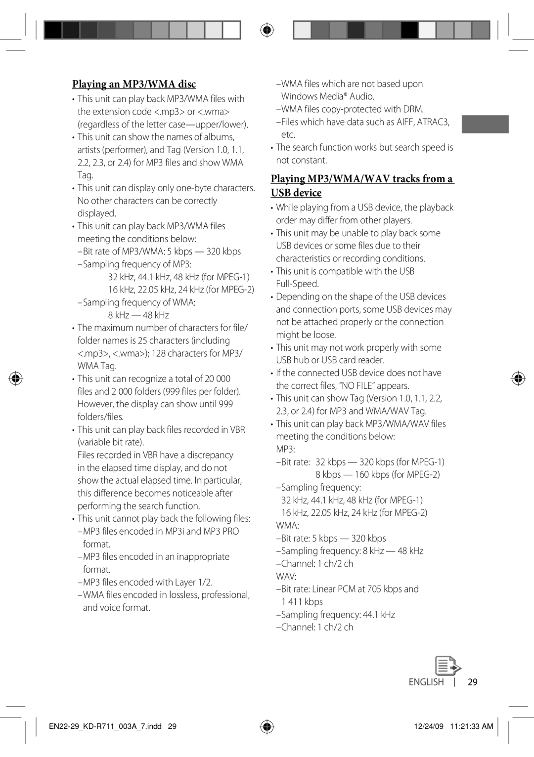 JVC KD-R711 manual Playing an MP3/WMA disc, Playing MP3/WMA/WAV tracks from a USB device, Wma, Wav 