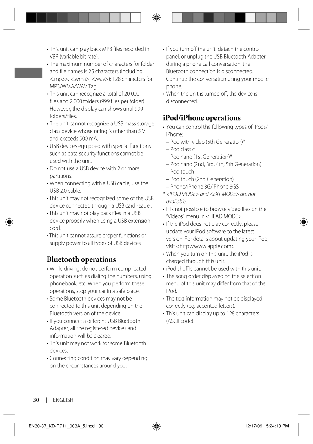 JVC KD-R711 manual Bluetooth operations, IPod/iPhone operations, This unit may not work for some Bluetooth devices 