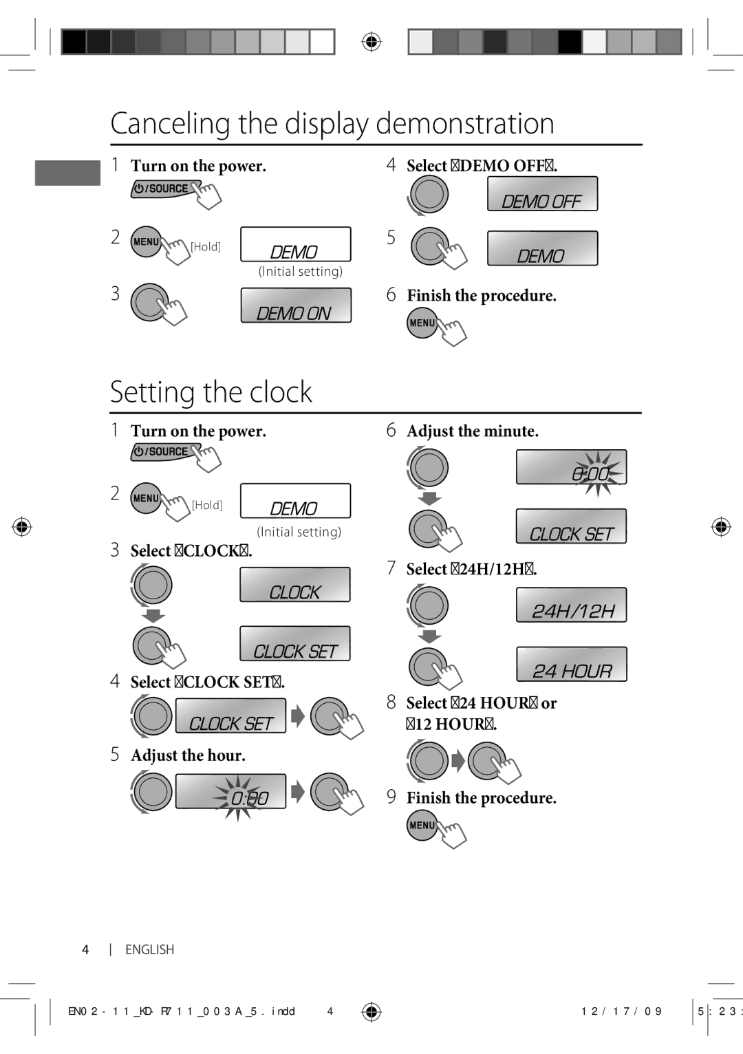 JVC KD-R711 manual Canceling the display demonstration, Setting the clock, Initial setting 