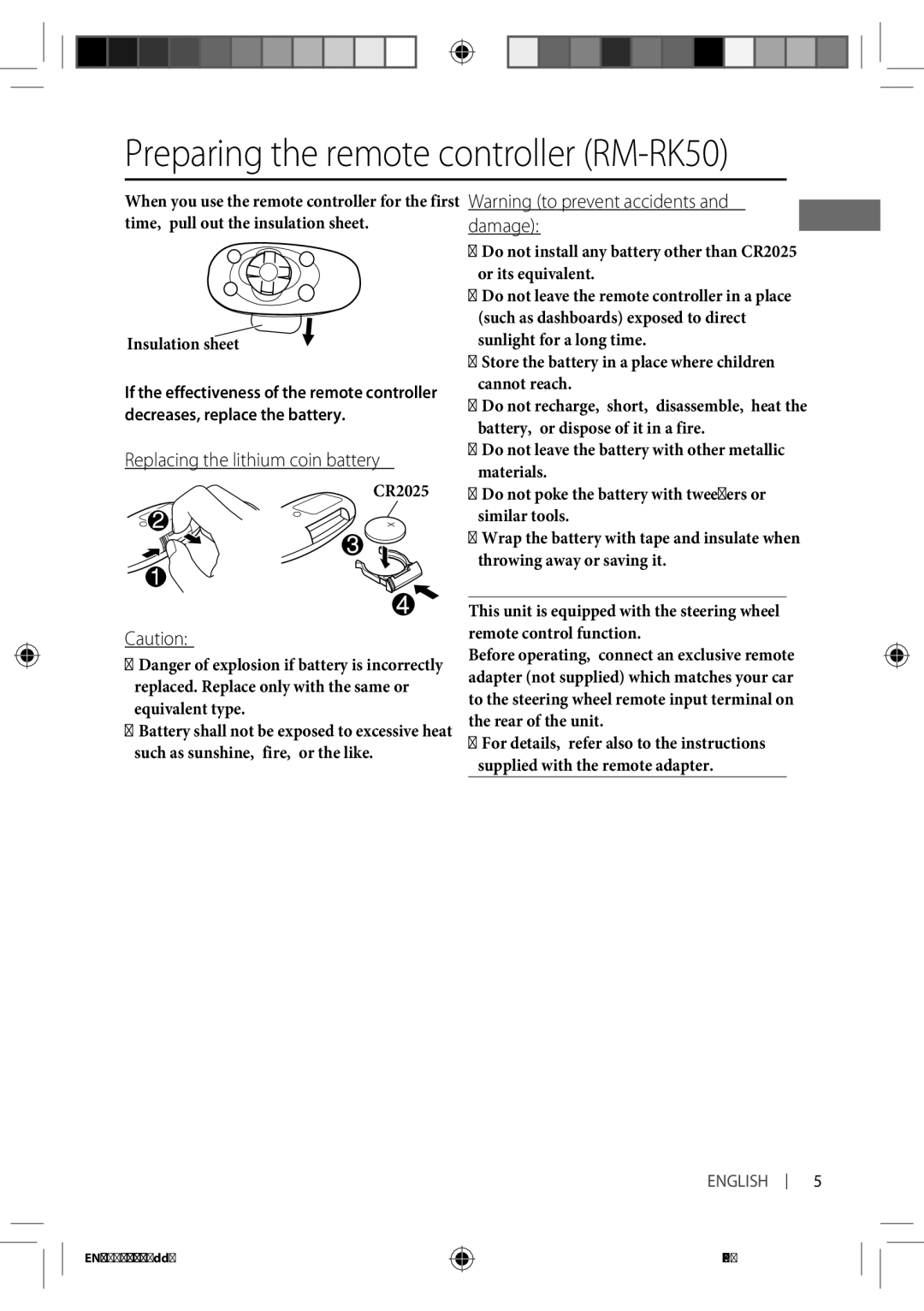 JVC KD-R711 manual Preparing the remote controller RM-RK50, Replacing the lithium coin battery, Insulation sheet 