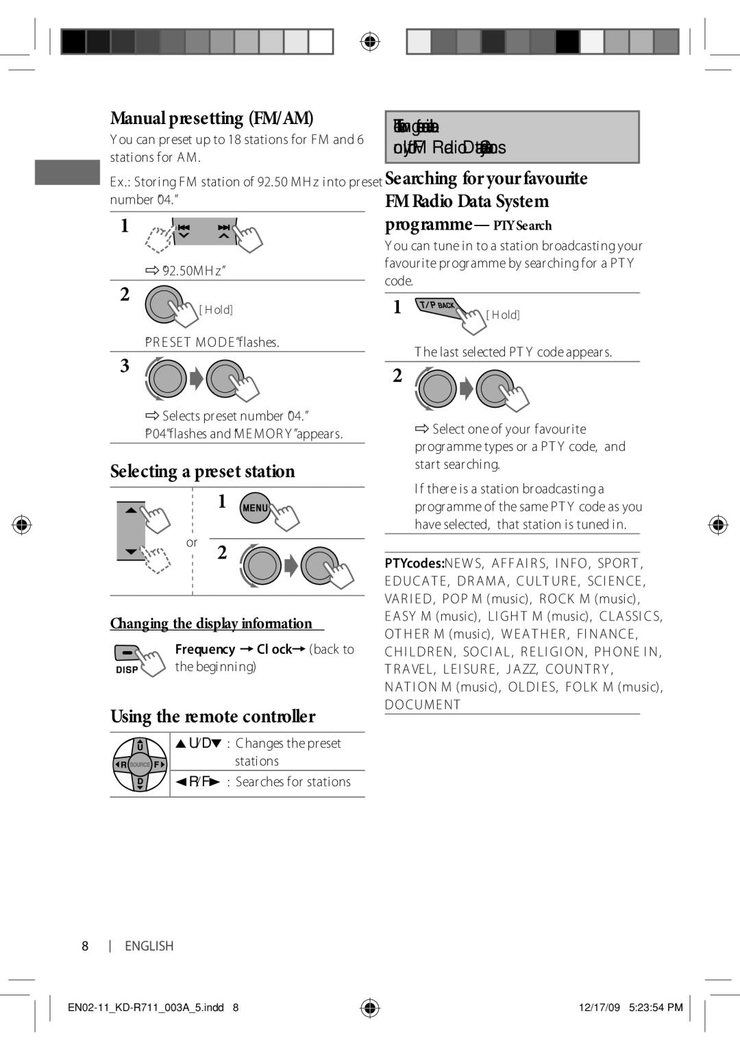 JVC KD-R711 Manual presetting FM/AM, Selecting a preset station, Using the remote controller, Frequency = Clock = back to 