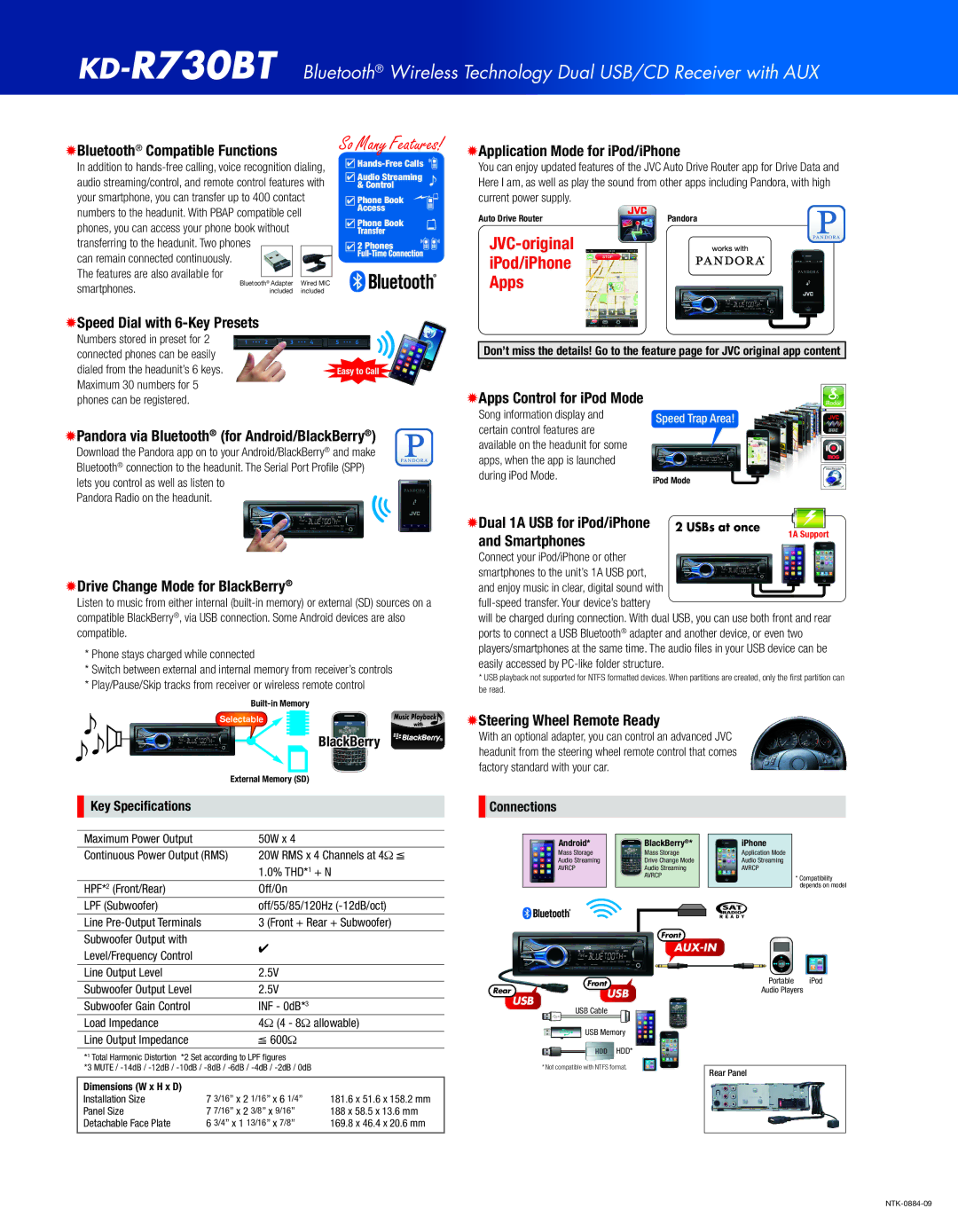 JVC KD-R730BT manual Bluetooth Compatible Functions, Application Mode for iPod/iPhone, Speed Dial with 6-Key Presets 