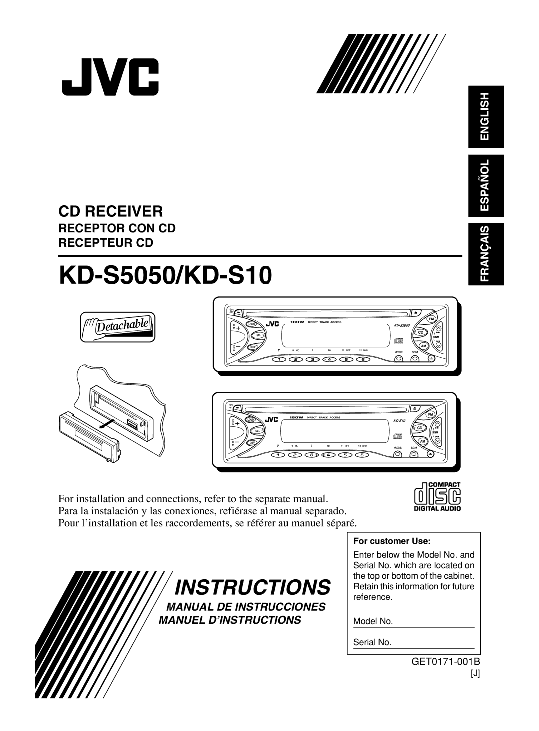 JVC manual KD-S5050/KD-S10, For customer Use 