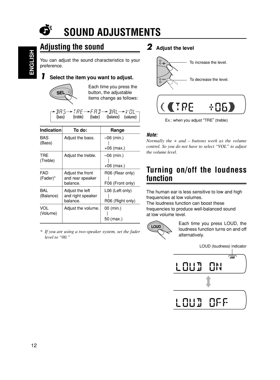 JVC KD-S10, KD-S5050 manual Sound Adjustments, Adjusting the sound, Turning on/off the loudness function, Adjust the level 