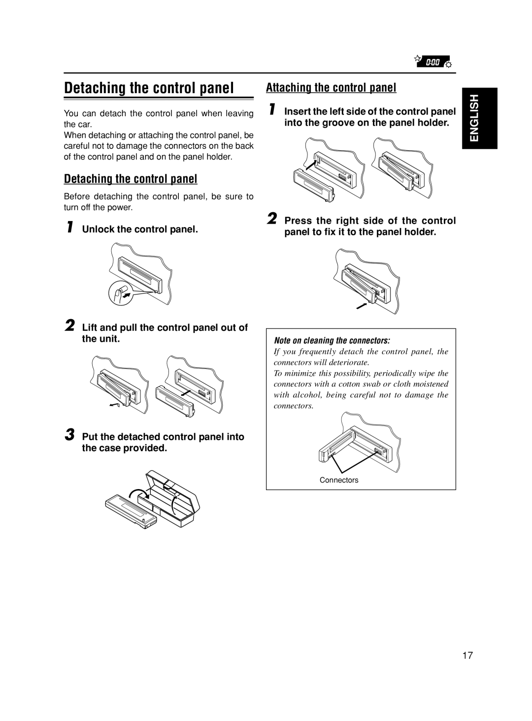 JVC KD-S5050, KD-S10 manual Detaching the control panel, Attaching the control panel 