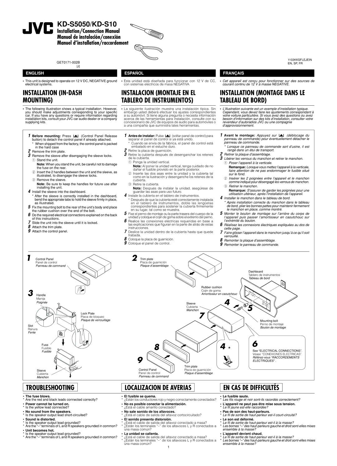 JVC KD-S10, KD-S5050 Fuse blows, Sound is distorted, Unit becomes hot, El fusible se quema, El sonido presenta distorsión 