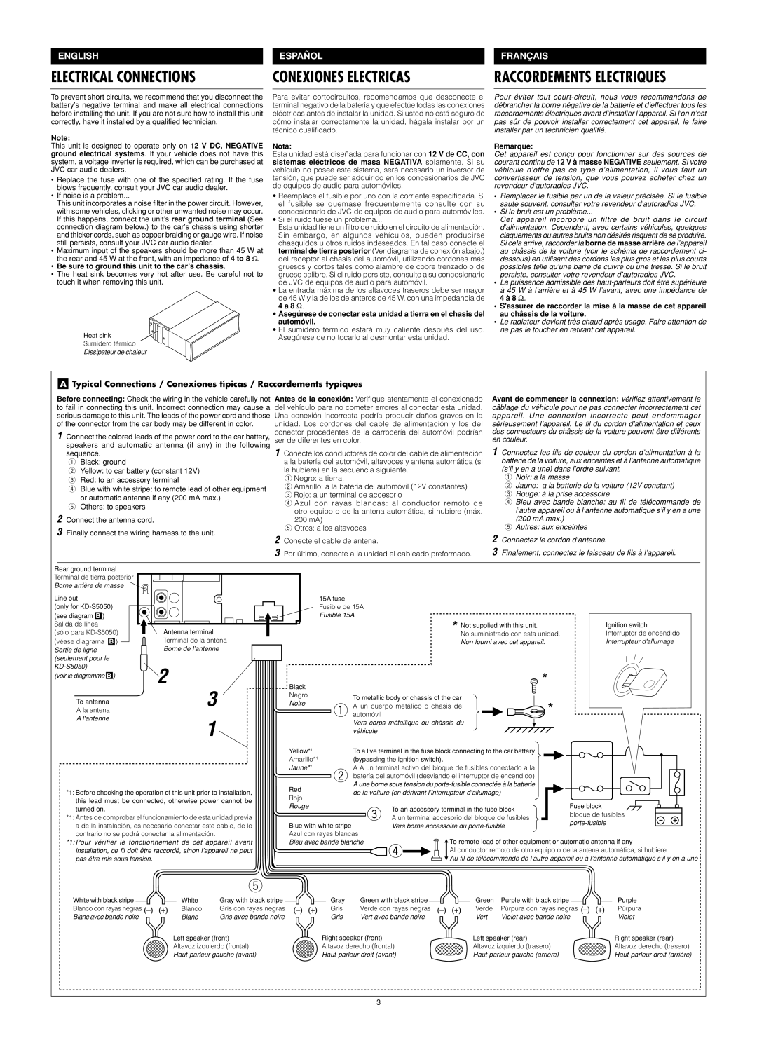 JVC KD-S10, KD-S5050 manual Be sure to ground this unit to the car’s chassis, Nota, Remarque 