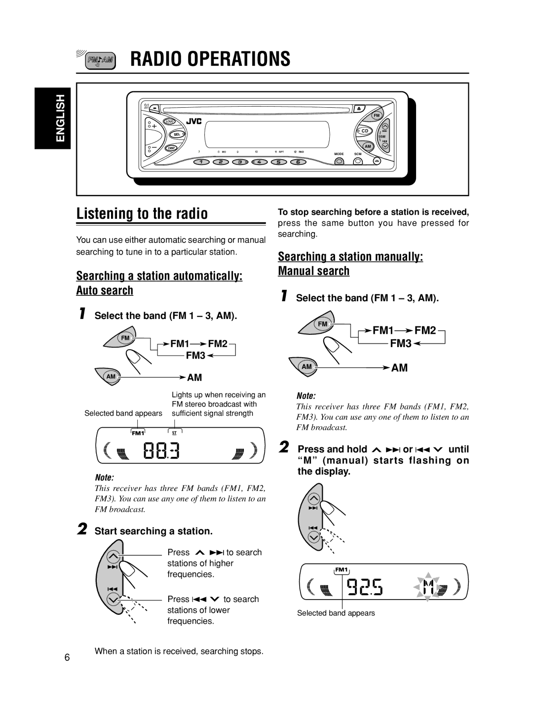 JVC KD-S10, KD-S5050 Radio Operations, Listening to the radio, Searching a station automatically Auto search, FM1 FM2 FM3 