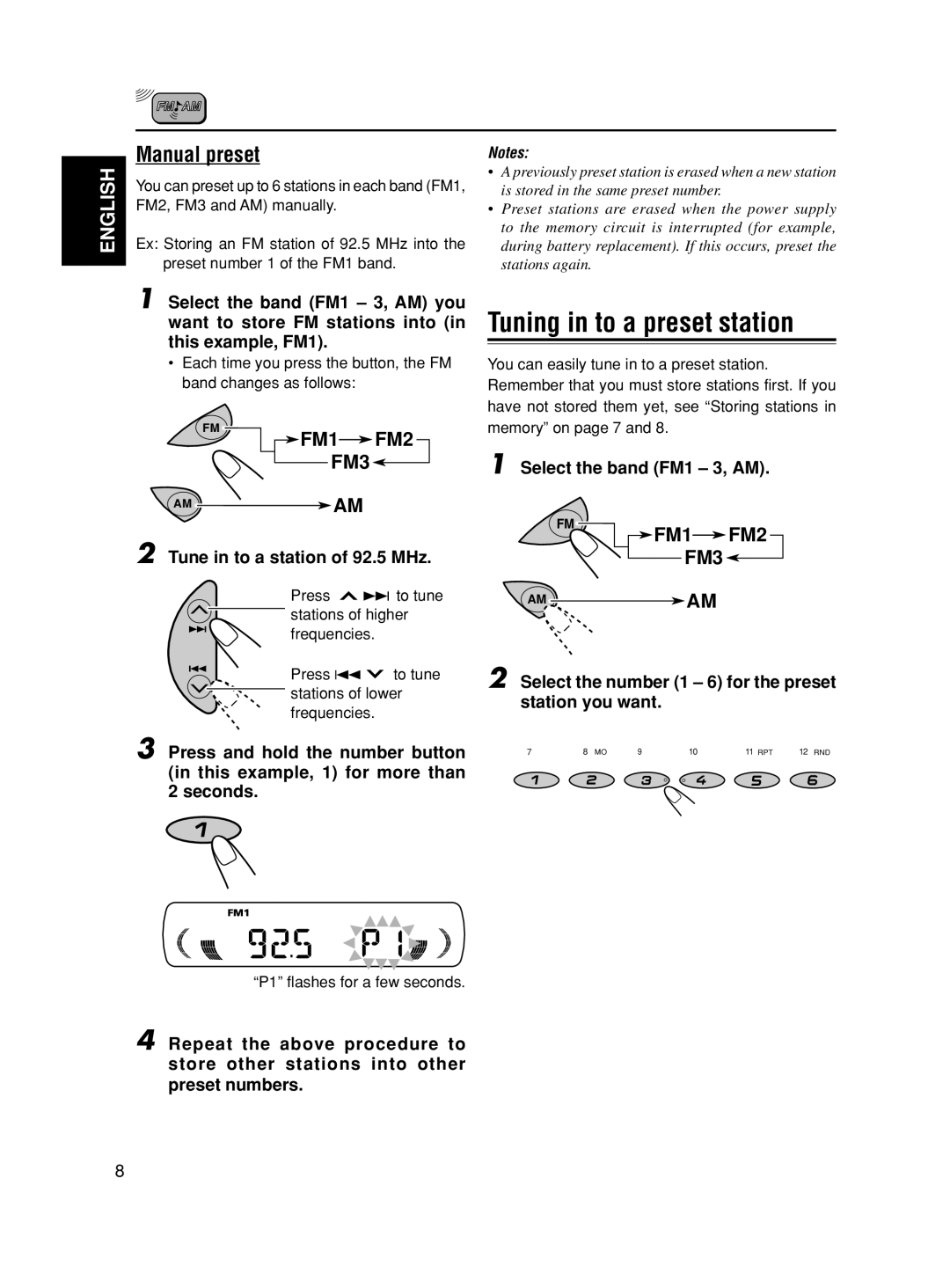 JVC KD-S10 manual Tuning in to a preset station, Manual preset, Tune in to a station of 92.5 MHz, Select the band FM1 3, AM 