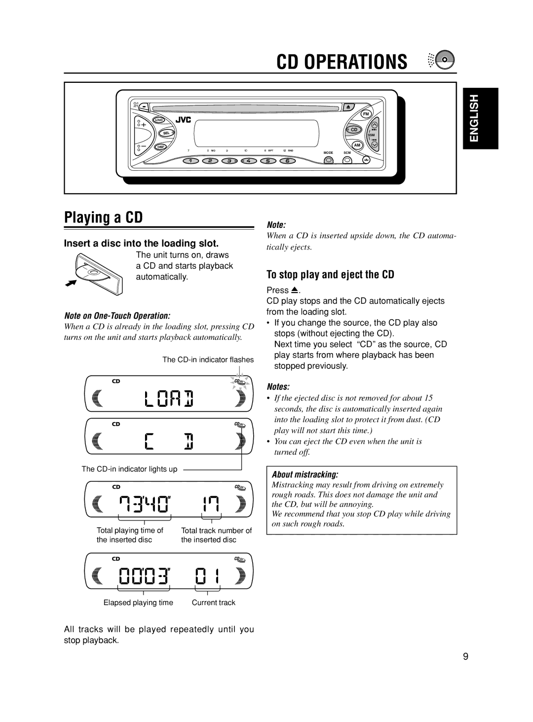 JVC KD-S5050, KD-S10 manual CD Operations, Playing a CD, To stop play and eject the CD, Insert a disc into the loading slot 