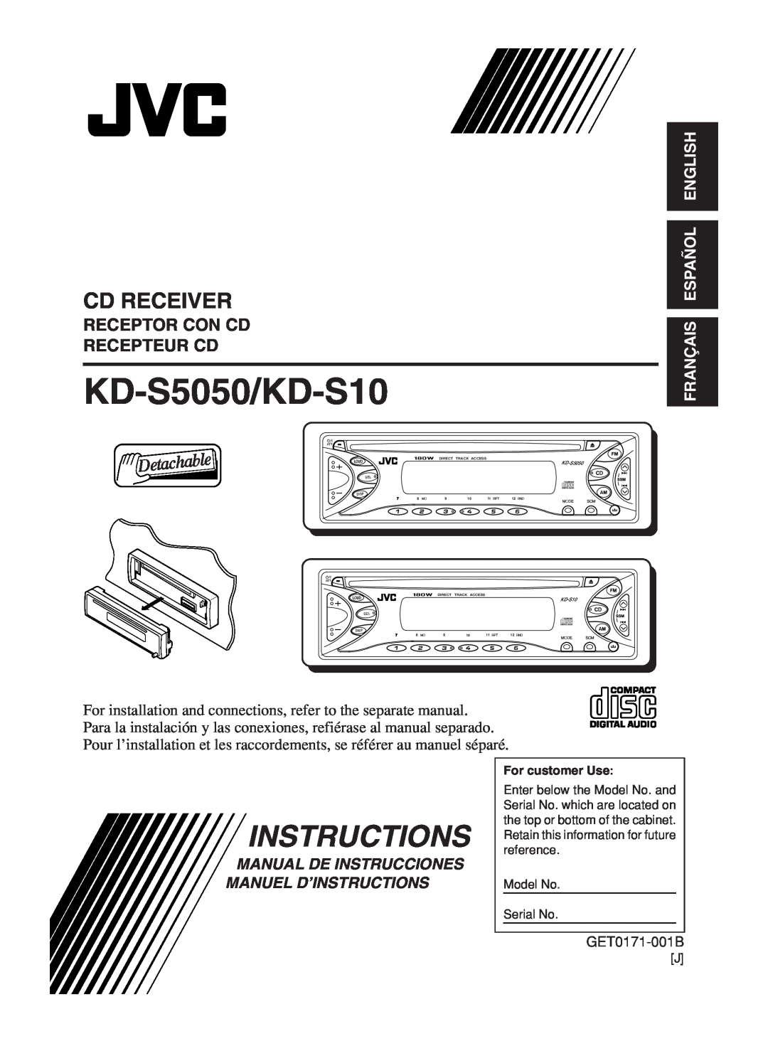 JVC manual Cd Receiver, Receptor Con Cd Recepteur Cd, Français Español English, KD-S5050/KD-S10, Instructions 