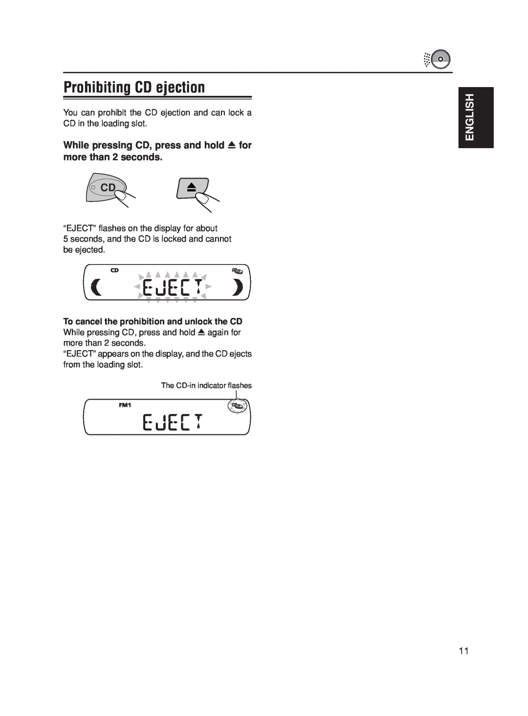 JVC KD-S5050, KD-S10 manual Prohibiting CD ejection, English 