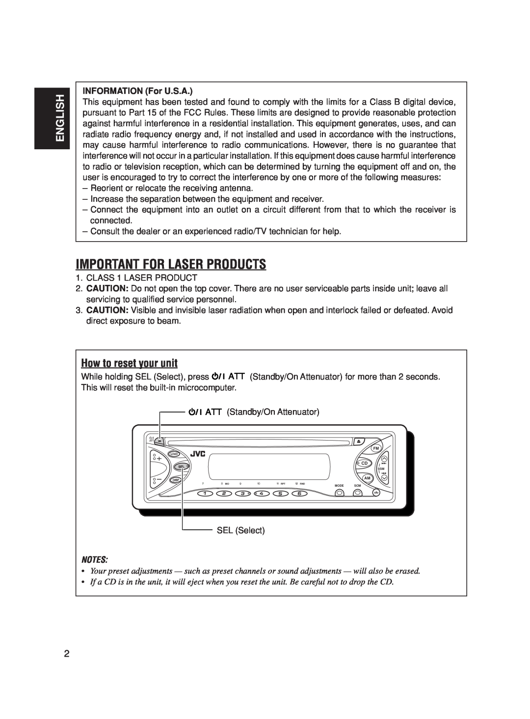 JVC KD-S10, KD-S5050 manual Important For Laser Products, English, How to reset your unit 