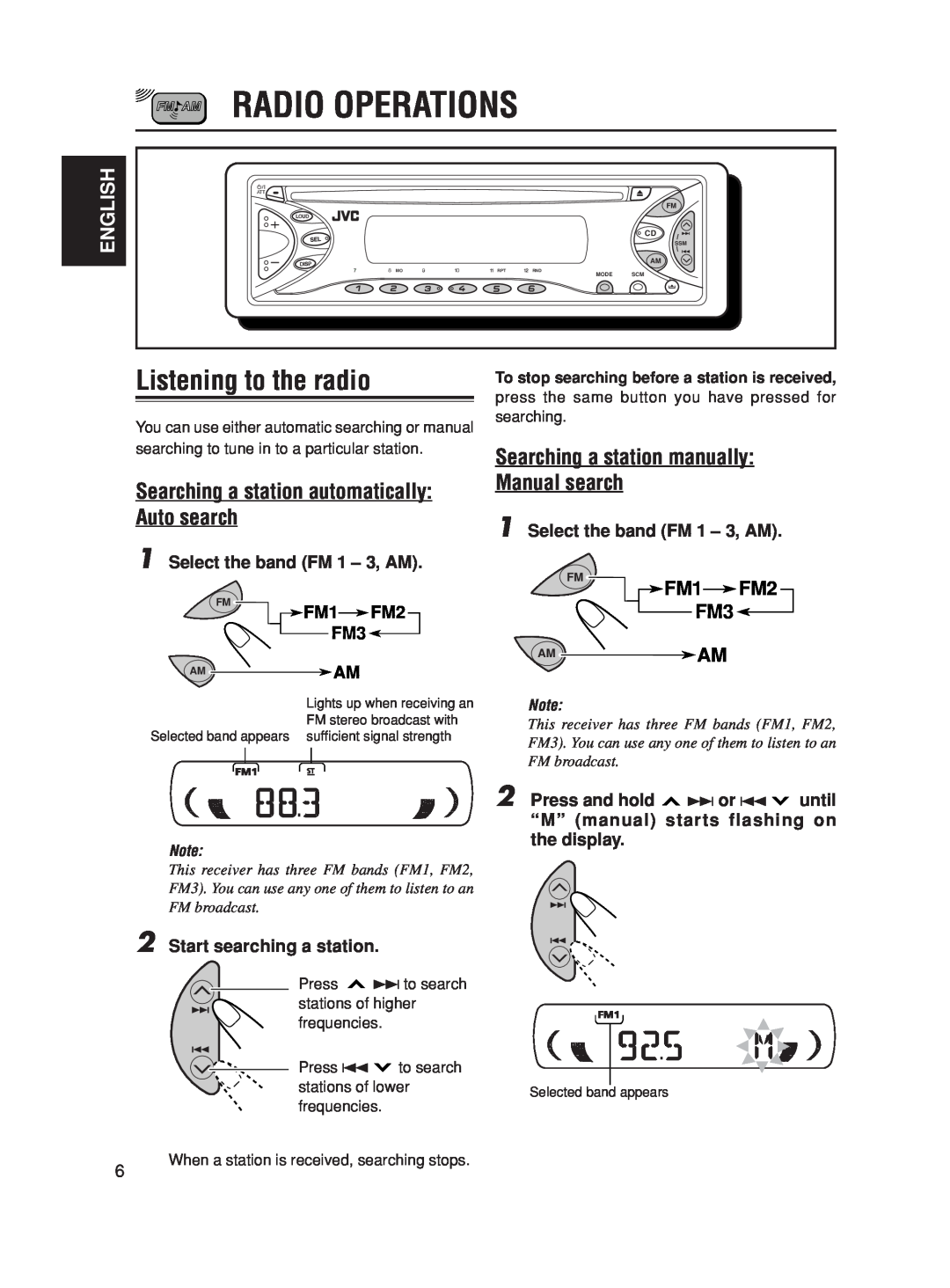 JVC KD-S10 Radio Operations, Listening to the radio, Searching a station automatically Auto search, FM1FM2 FM3, English 