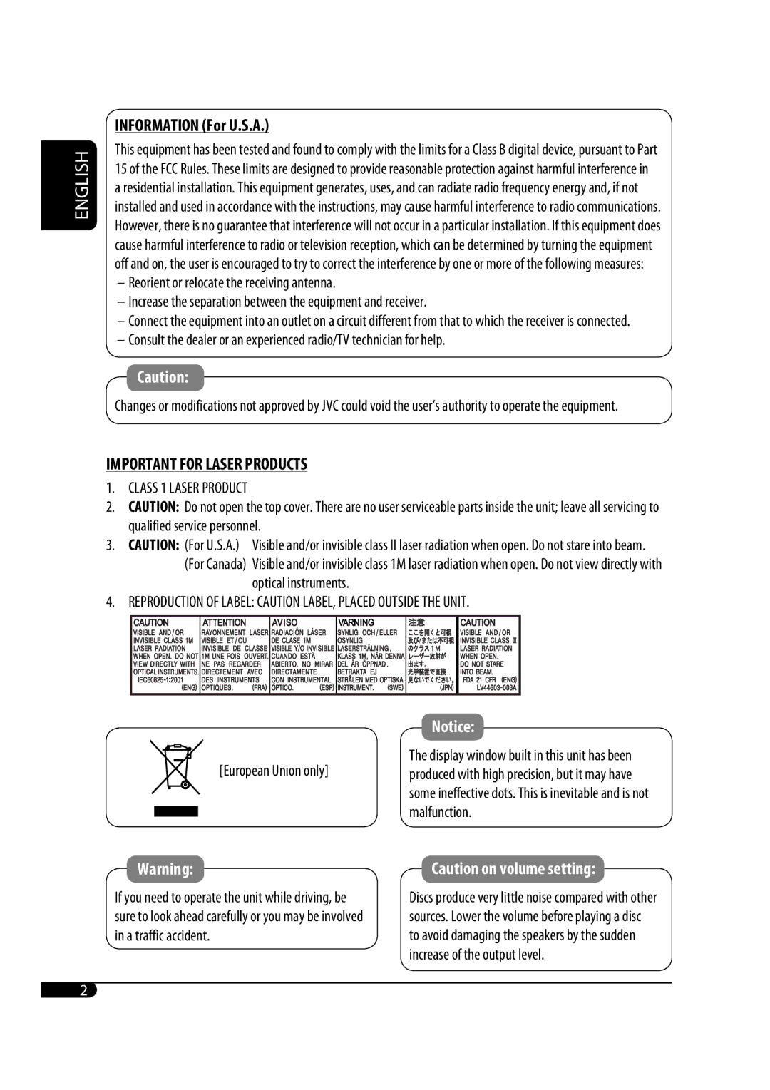 JVC KD-S100 manual Information For U.S.A, Optical instruments 