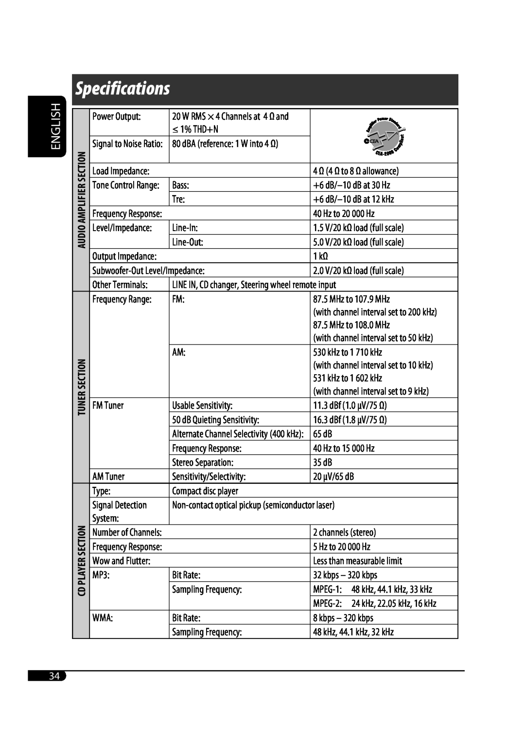 JVC KD-S100 manual Specifications, English 