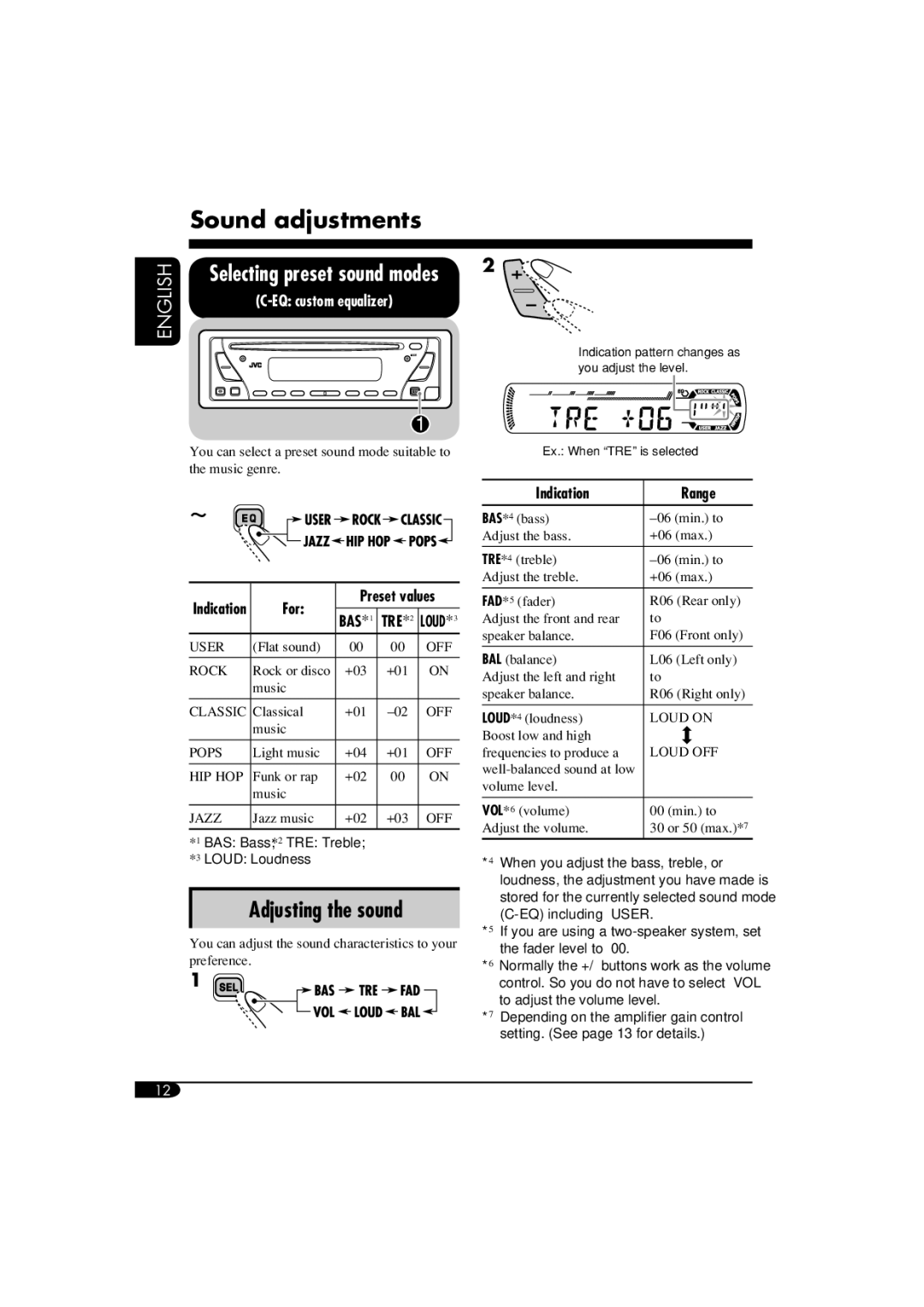 JVC KD-S12 manual Sound adjustments, Adjusting the sound, For Preset values, Indication Range 