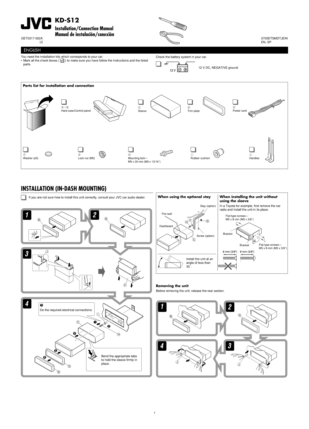 JVC KD-S12 manual Parts list for installation and connection, Removing the unit 