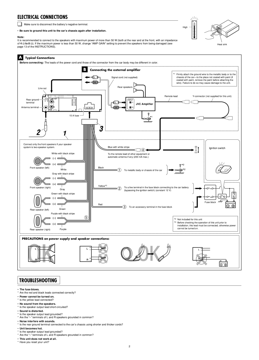 JVC KD-S12 Typical Connections, Connecting the external amplifier, Precautions on power supply and speaker connections 