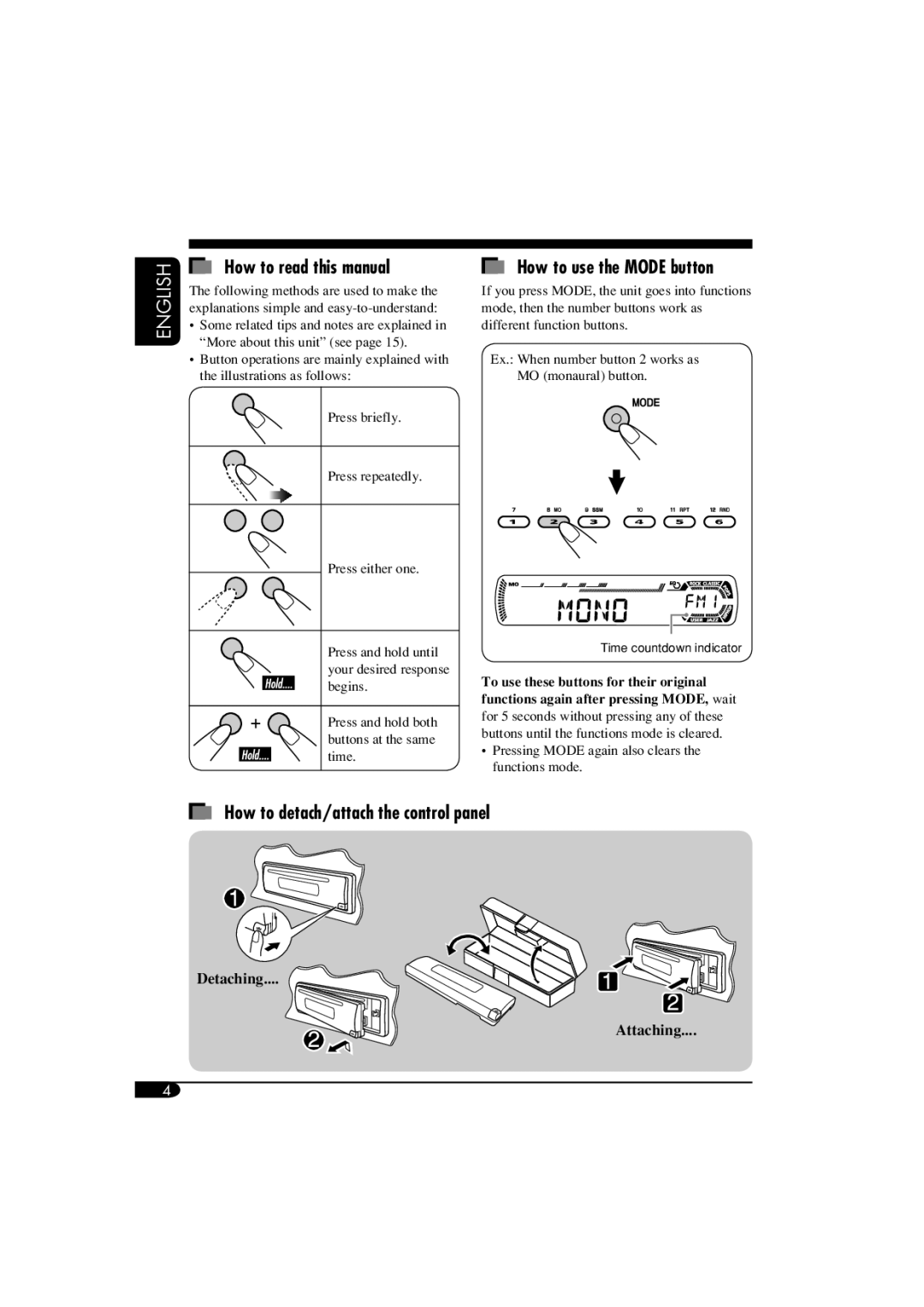 JVC KD-S12 How to read this manual, How to use the Mode button, How to detach/attach the control panel 