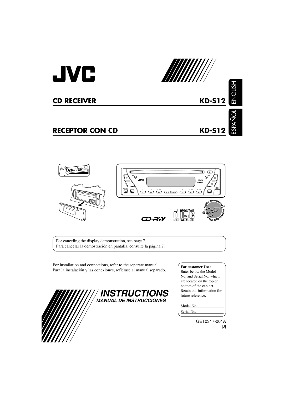 JVC manual Cd Receiver Receptor Con Cd, KD-S12 KD-S12, Español English, Instructions, Manual De Instrucciones 