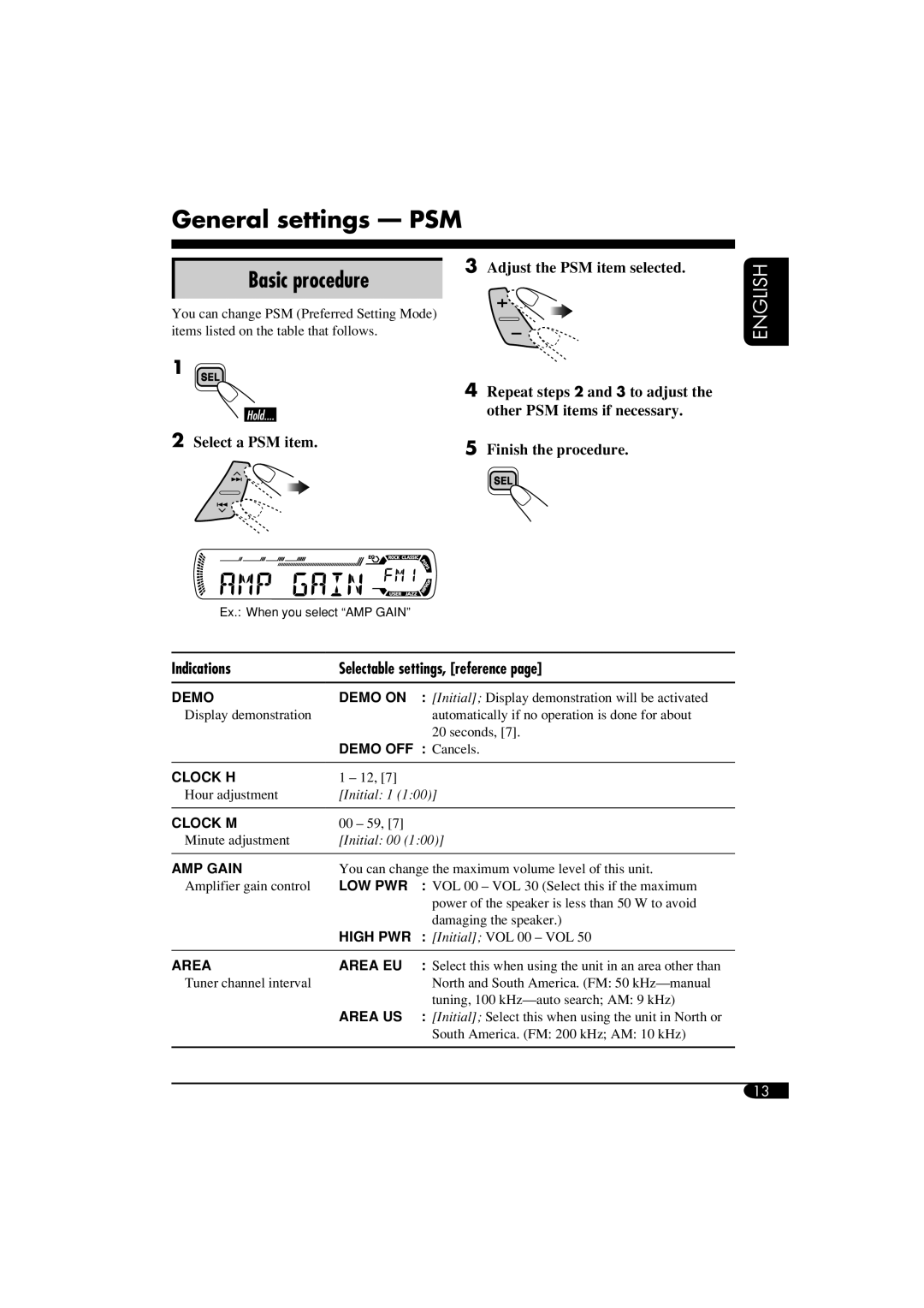 JVC KD-S12 General settings - PSM, Basic procedure, 2Select a PSM item, 3Adjust the PSM item selected, English, Demo, Area 