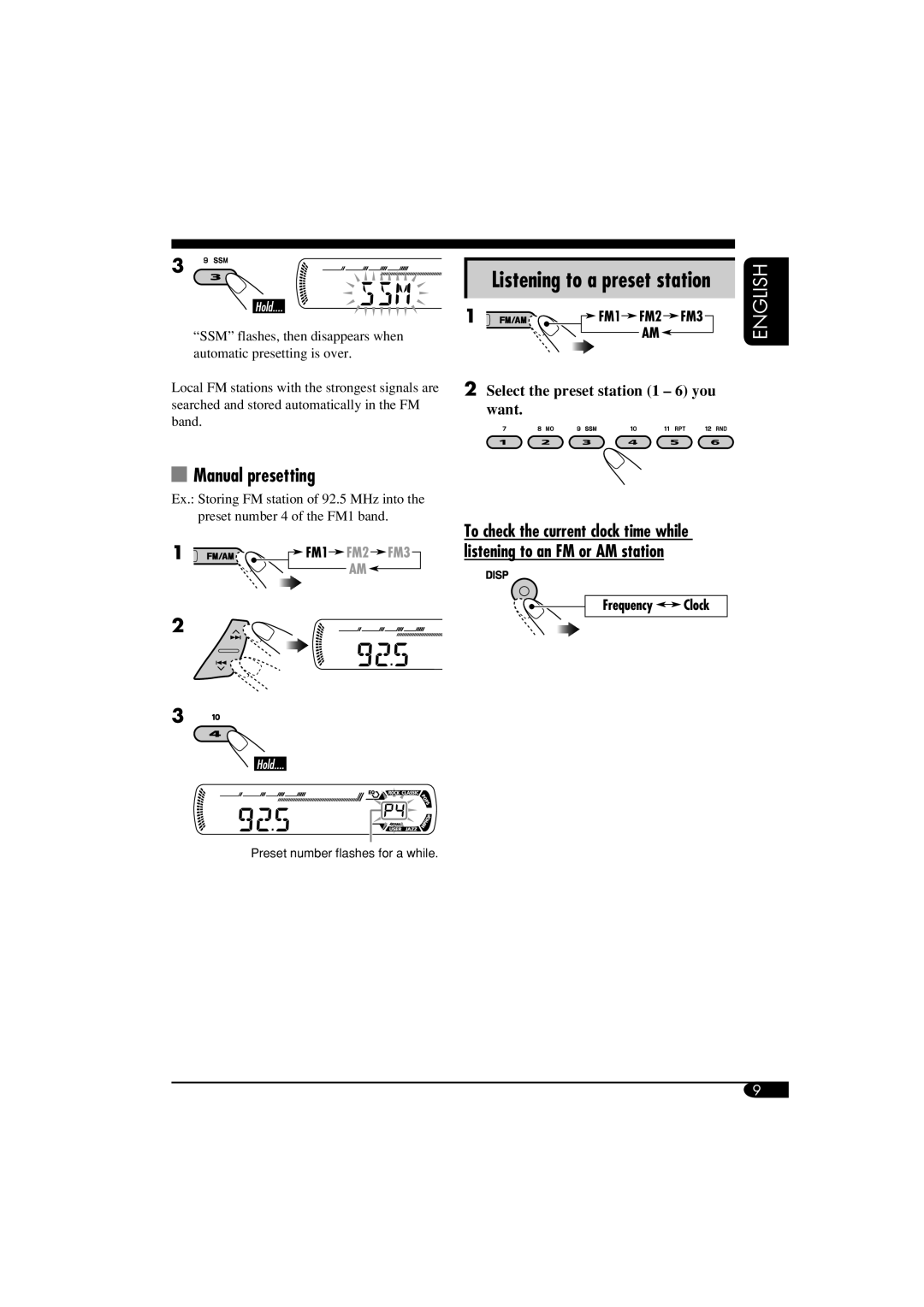 JVC KD-S12 manual Manual presetting, 2Select the preset station 1 - 6 you want, Listening to a preset station, English 