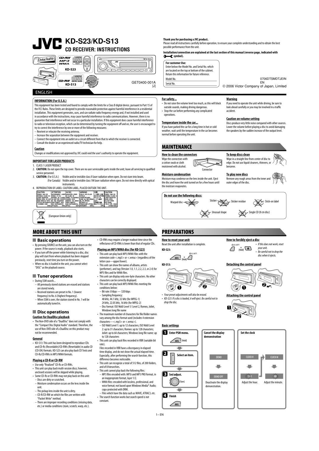 JVC KDS23, KD-S13 user service Information For U.S.A, For safety, Temperature inside the car, To keep discs clean, General 