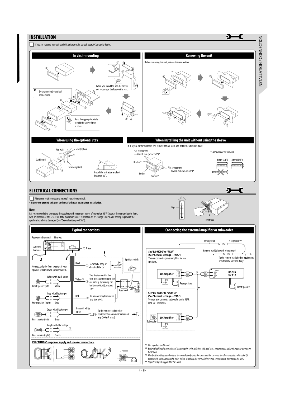 JVC KD-S13, KDS23 Precautions on power supply and speaker connections, Set L/O Mode to Rear See General settings-PSM 