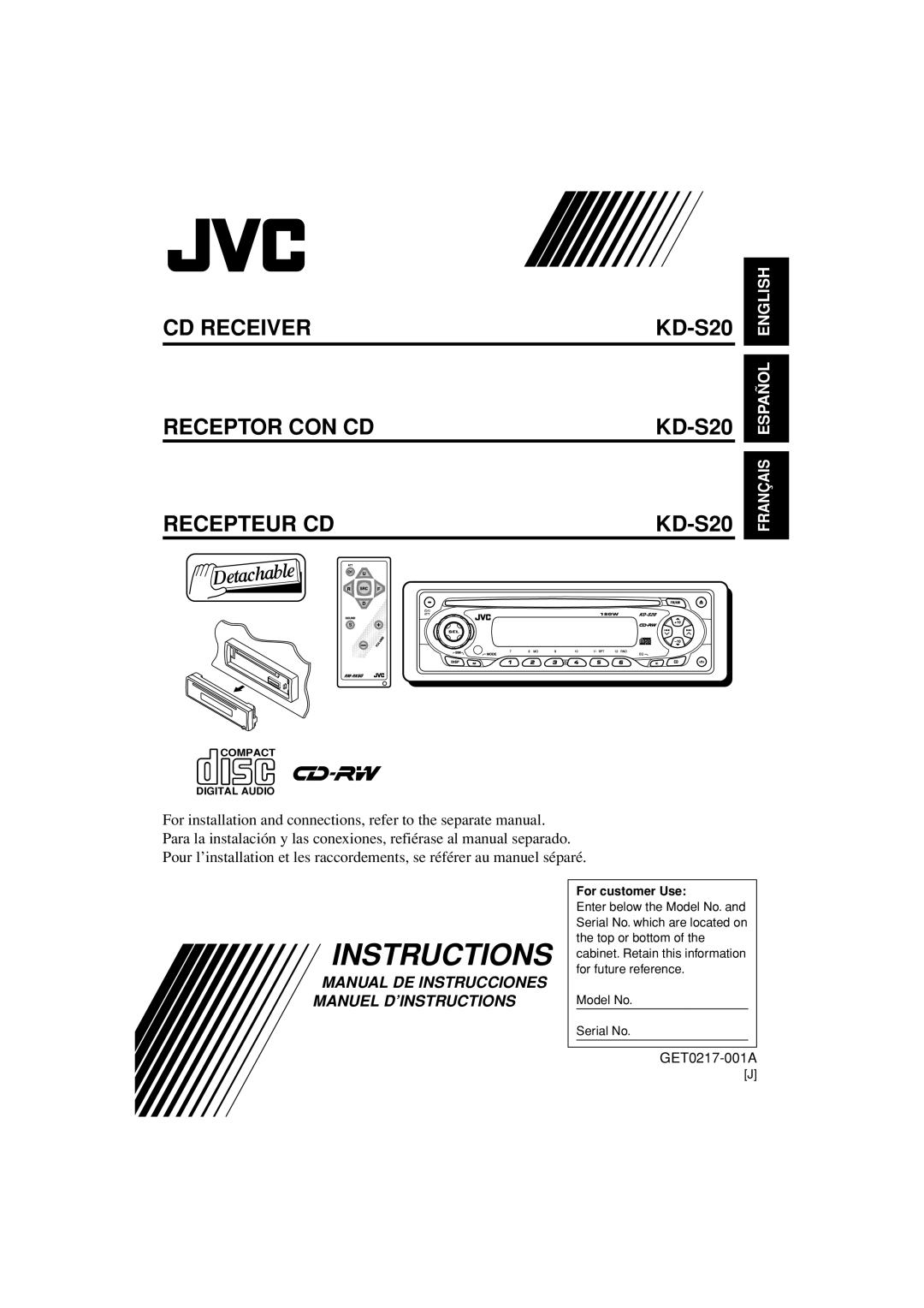 JVC KD-S20 manual For customer Use 