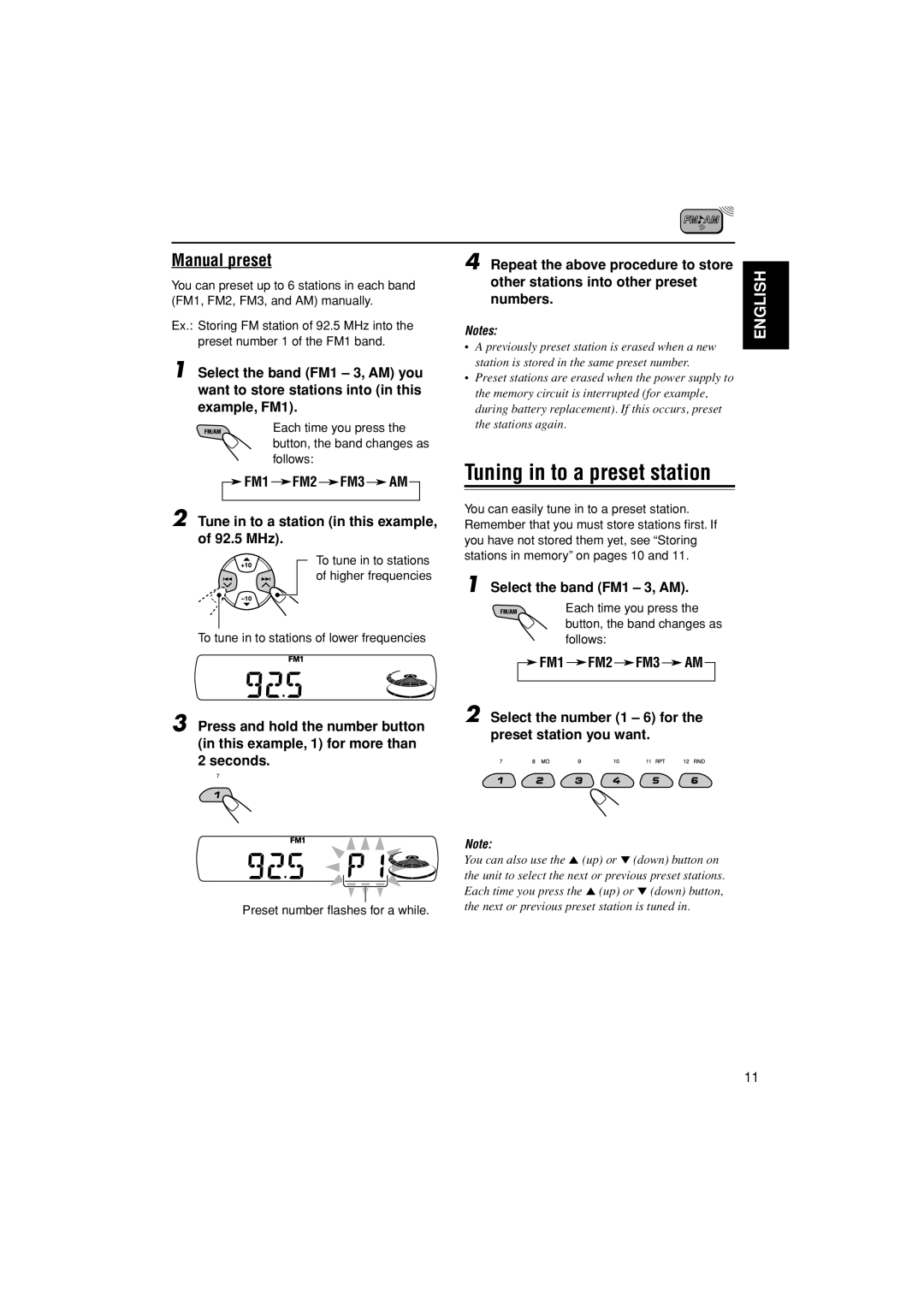 JVC KD-S20 manual Tuning in to a preset station, Manual preset 