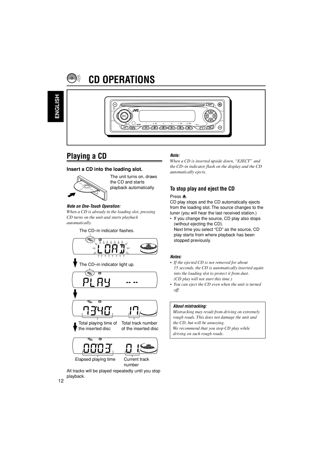 JVC KD-S20 manual CD Operations, Playing a CD, To stop play and eject the CD, Insert a CD into the loading slot 