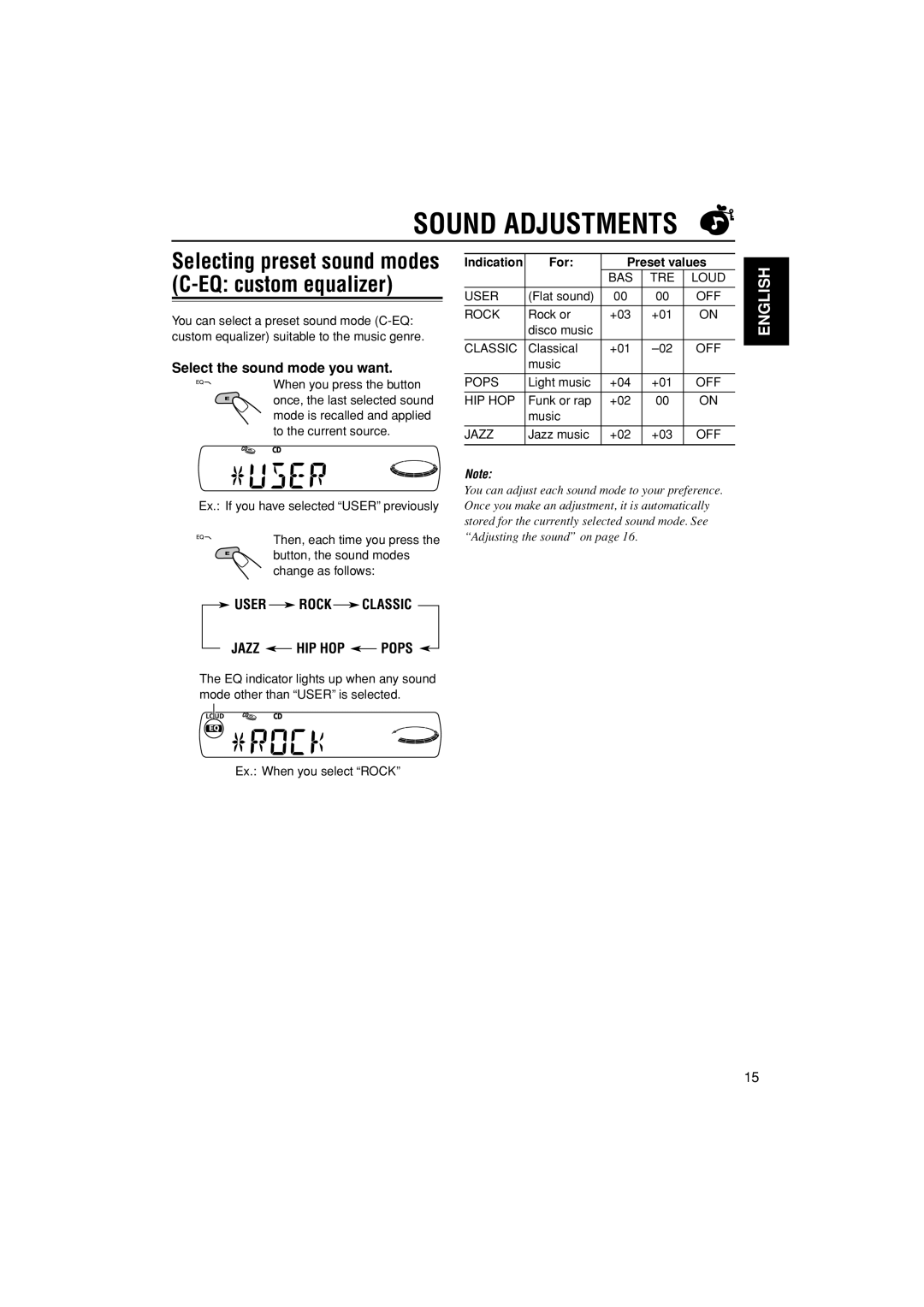 JVC KD-S20 manual Sound Adjustments, Select the sound mode you want, For Preset values 