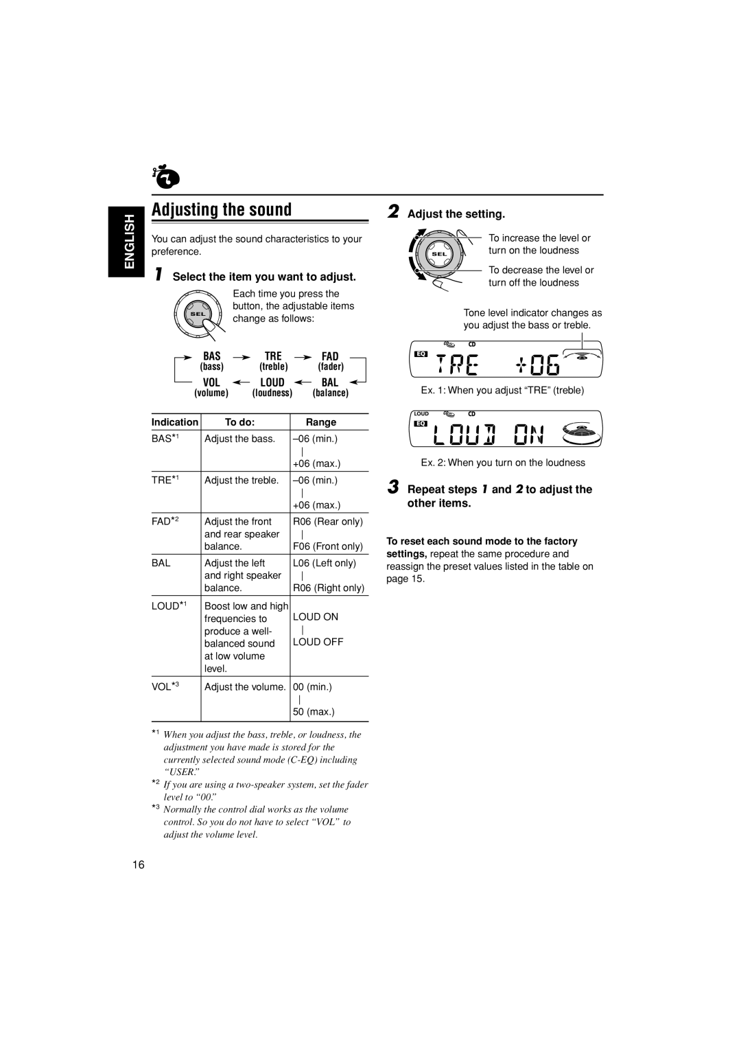 JVC KD-S20 manual Adjusting the sound, Adjust the setting, Select the item you want to adjust 